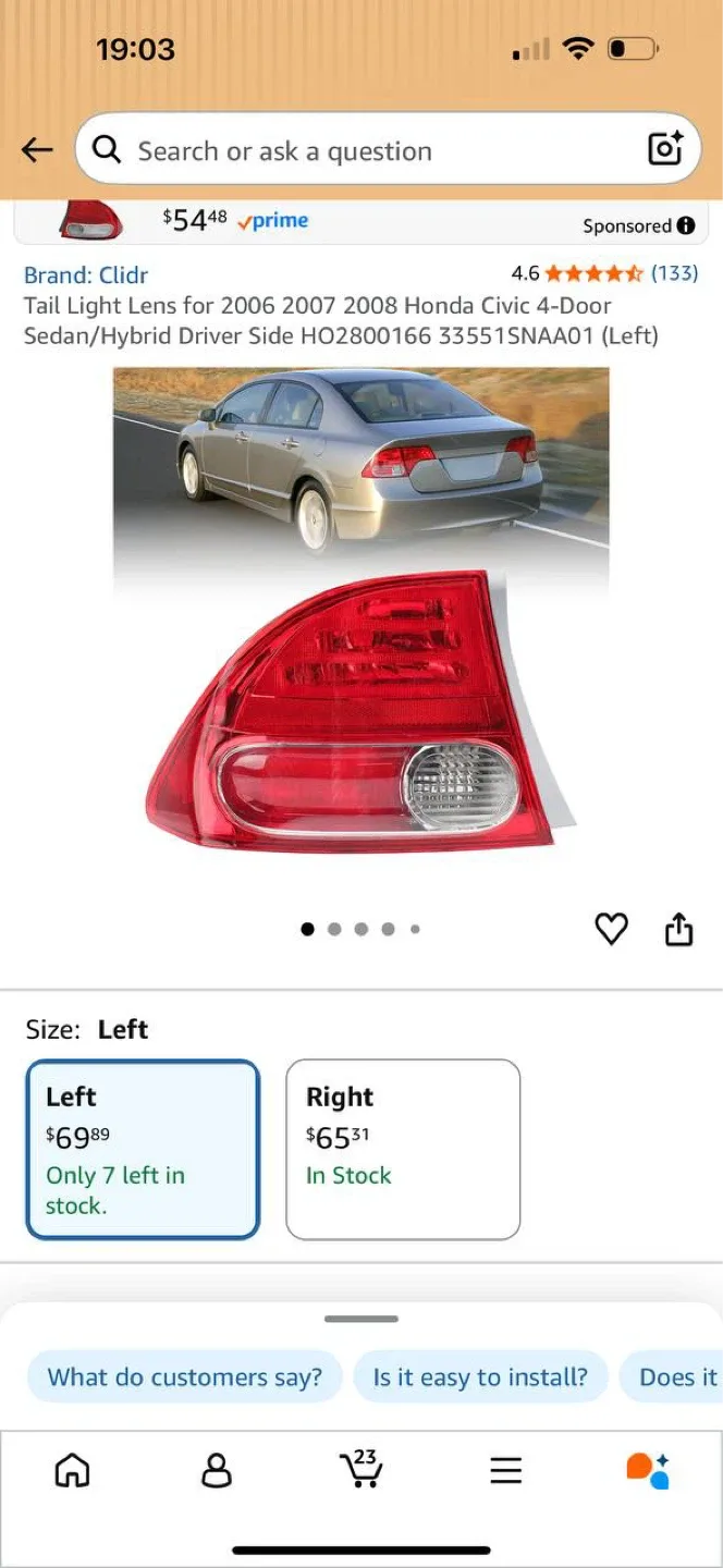 TAIL LIGHT LEFT SIDE – HONDA CIVIC 2006–2008 (SEDAN / HYBRID)
