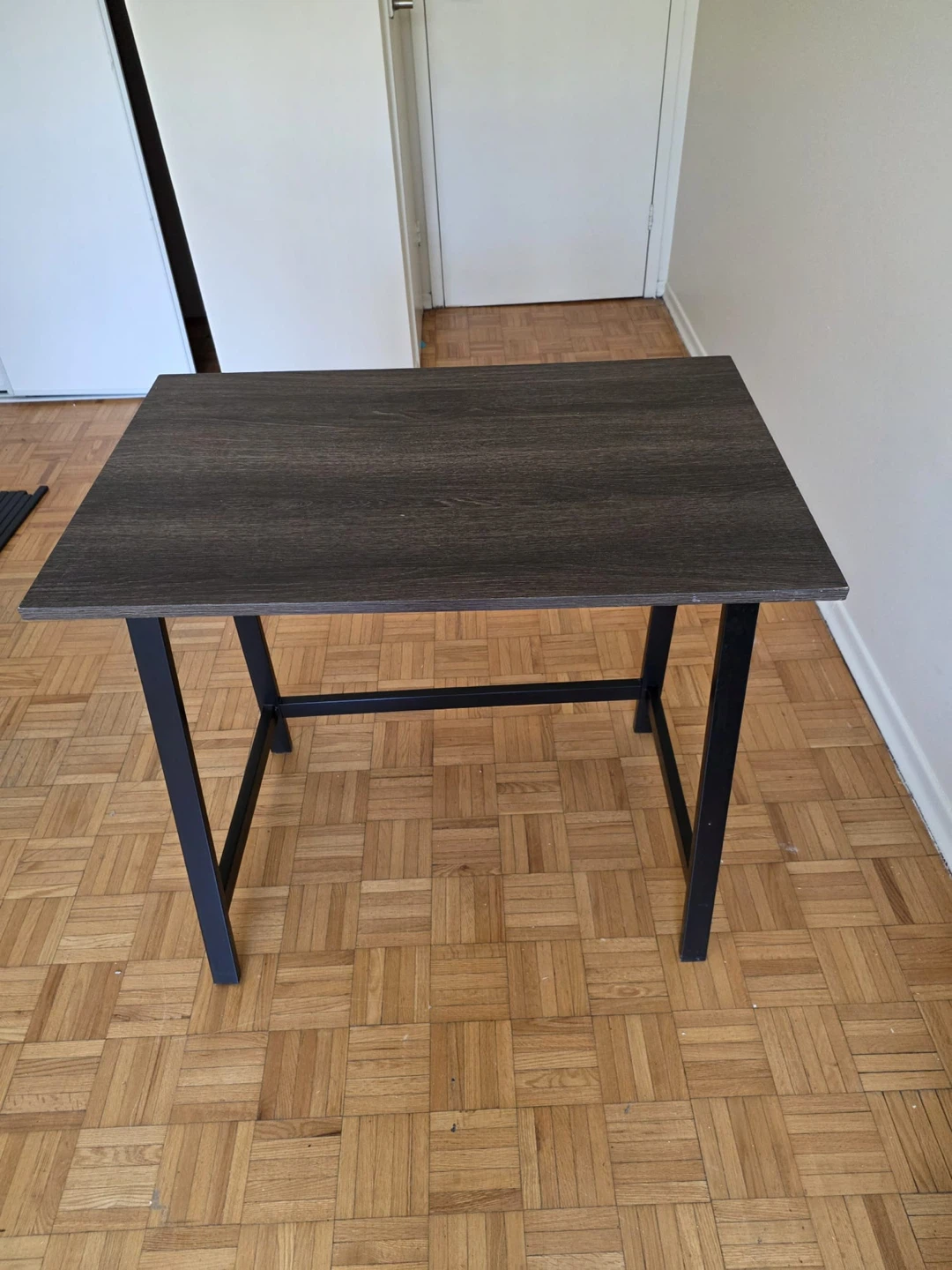 Compact Desk with Dark Wood Top and Black Frame