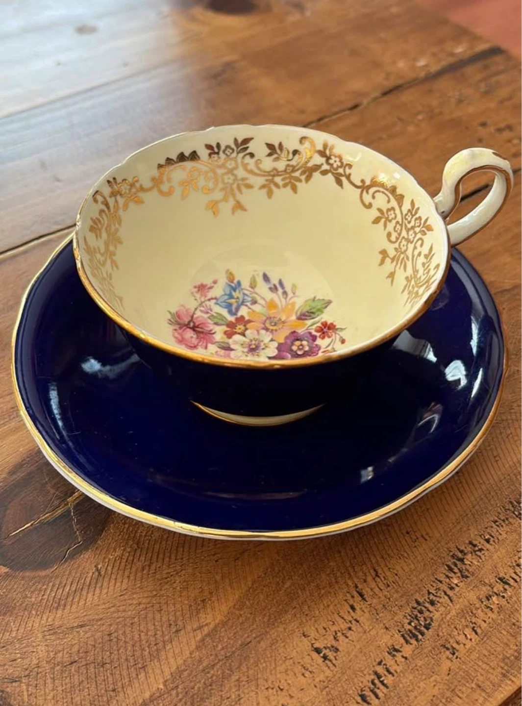 Aynsley Footed Cobalt Blue & Gold Teacup & Saucer