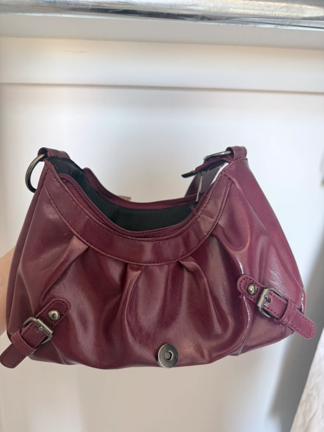 Burgundy Shoulder Bag with Buckle Accent - photo 3