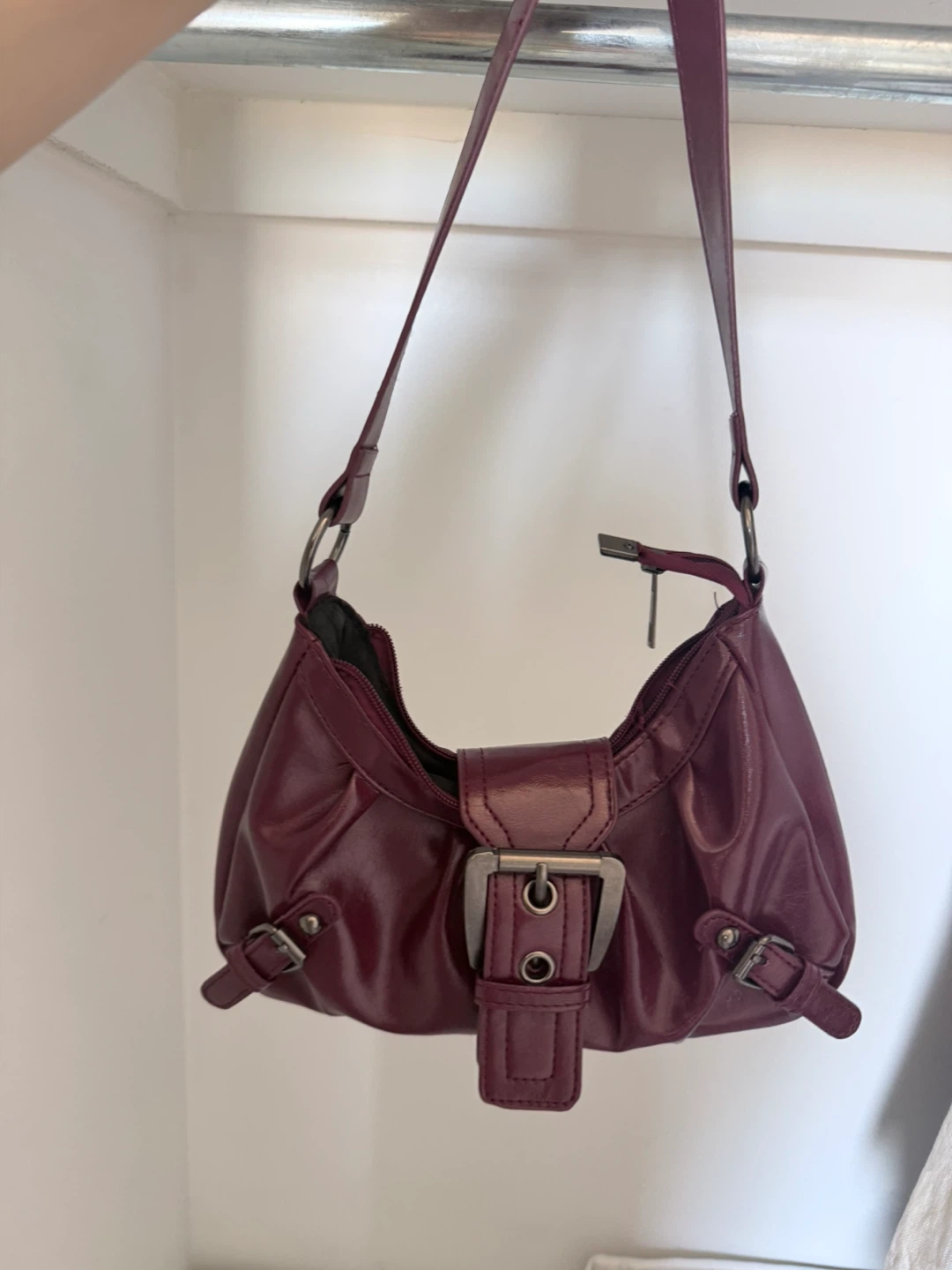 Burgundy Shoulder Bag with Buckle Accent