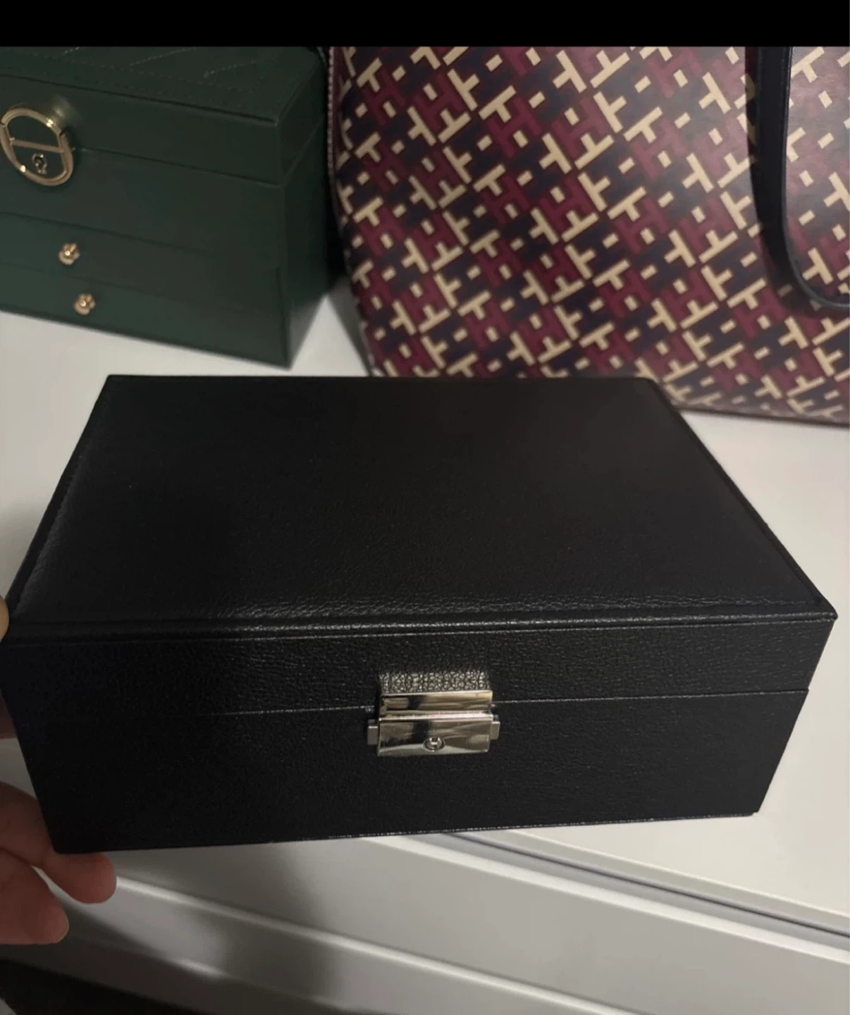 Black Faux Leather Jewellery Box with Silver Clasp