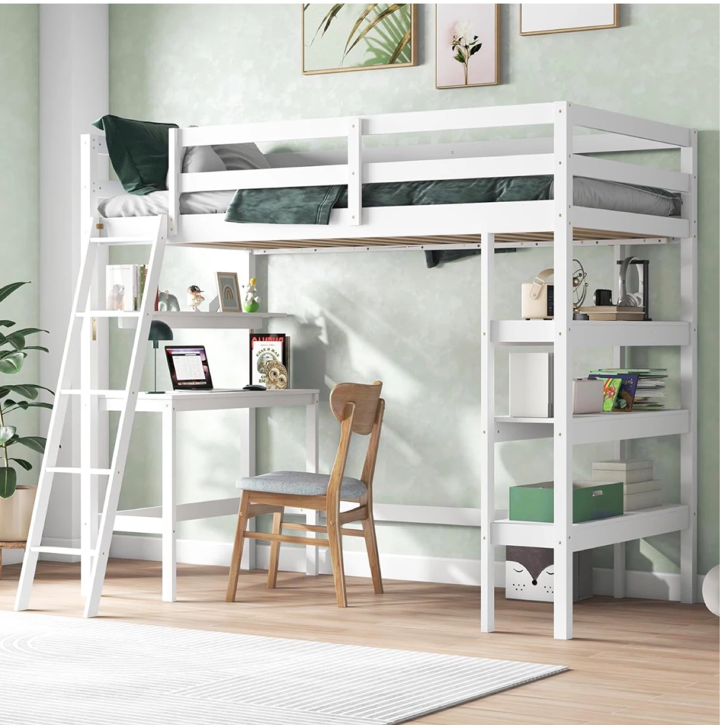 KOTEK Twin Loft Bed with Desk and Storage Shelves - White - photo 2