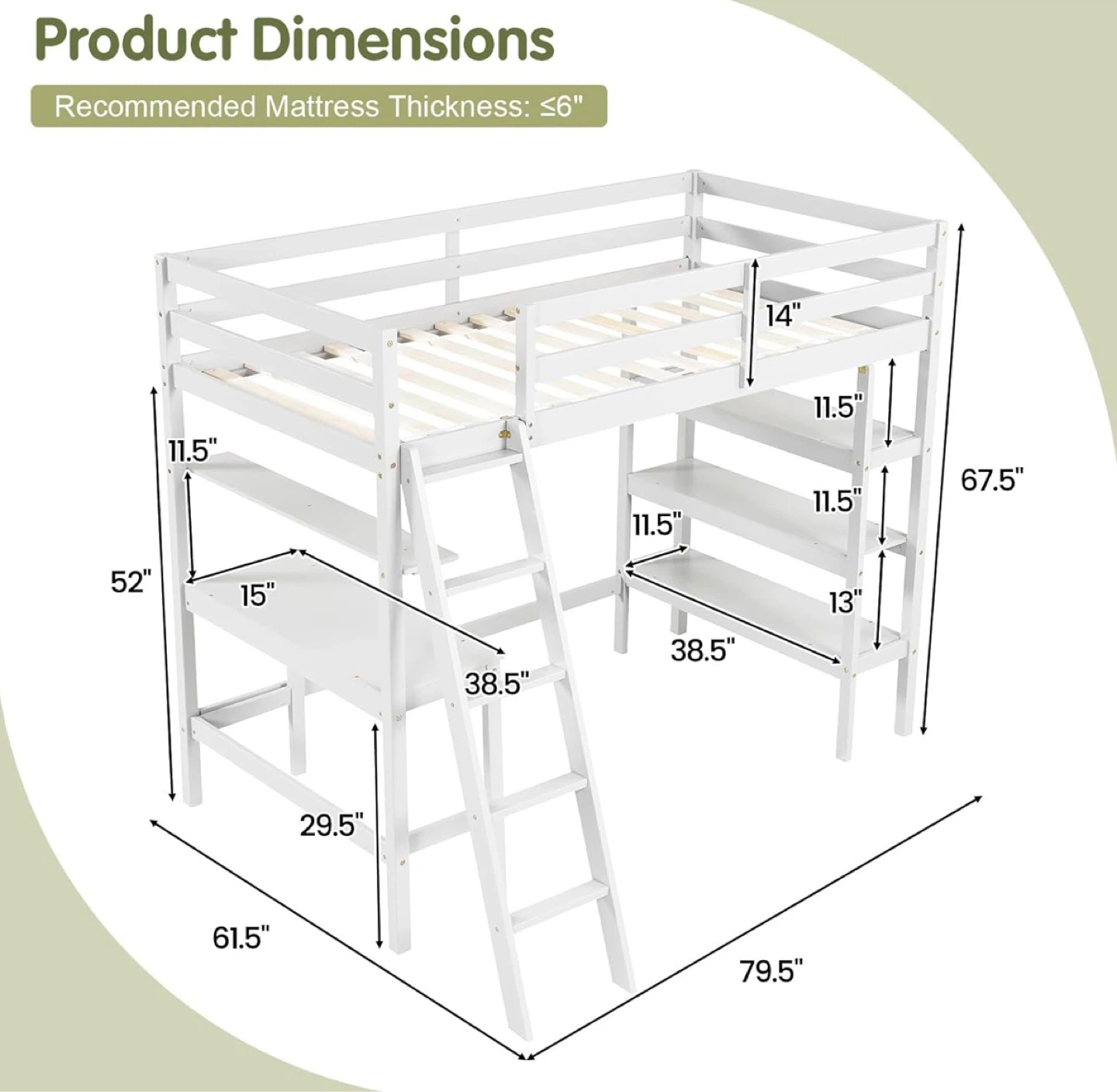 KOTEK Twin Loft Bed with Desk and Storage Shelves - White - photo 3