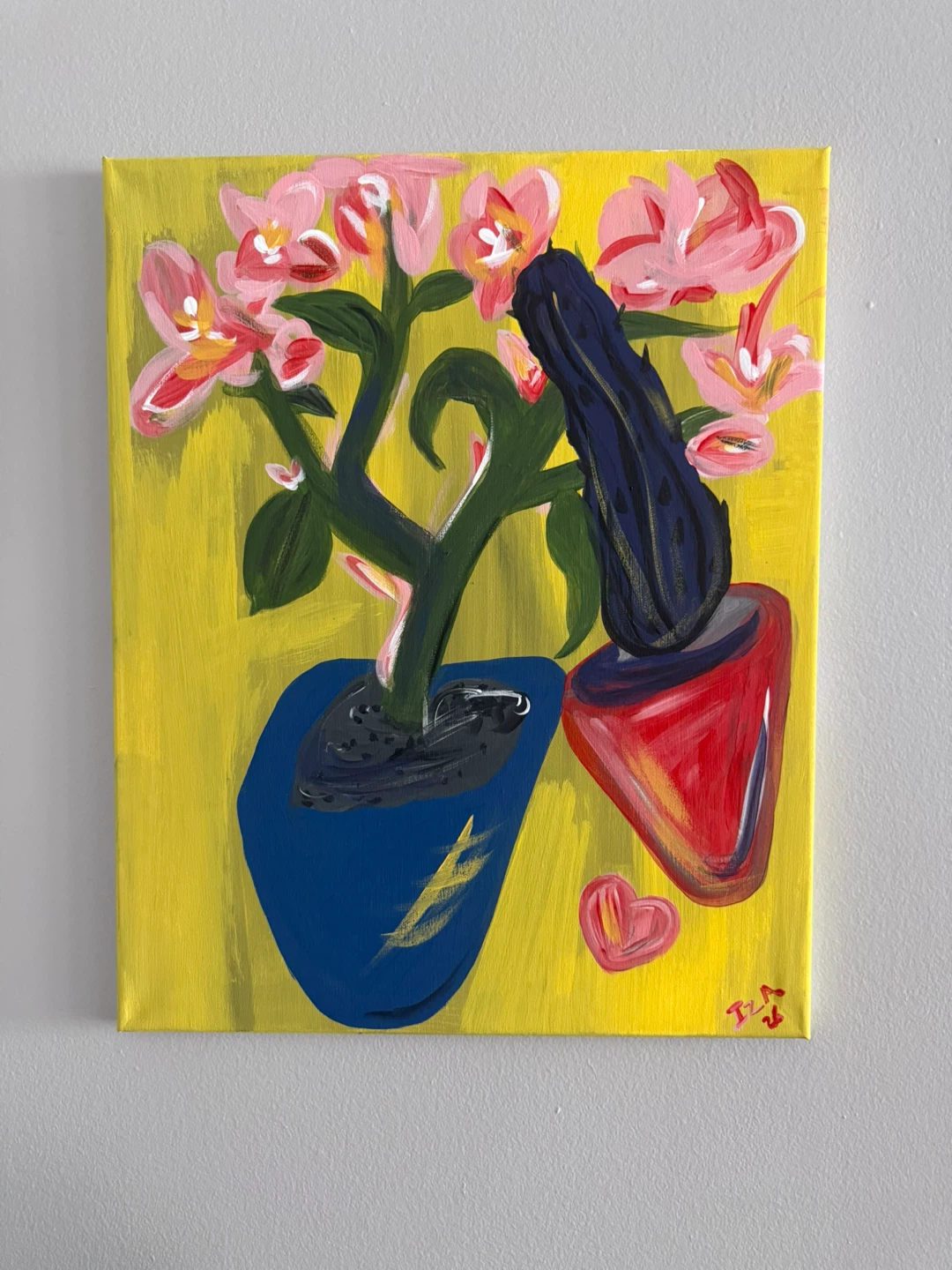 Acrylic painting of orchids and a red vase