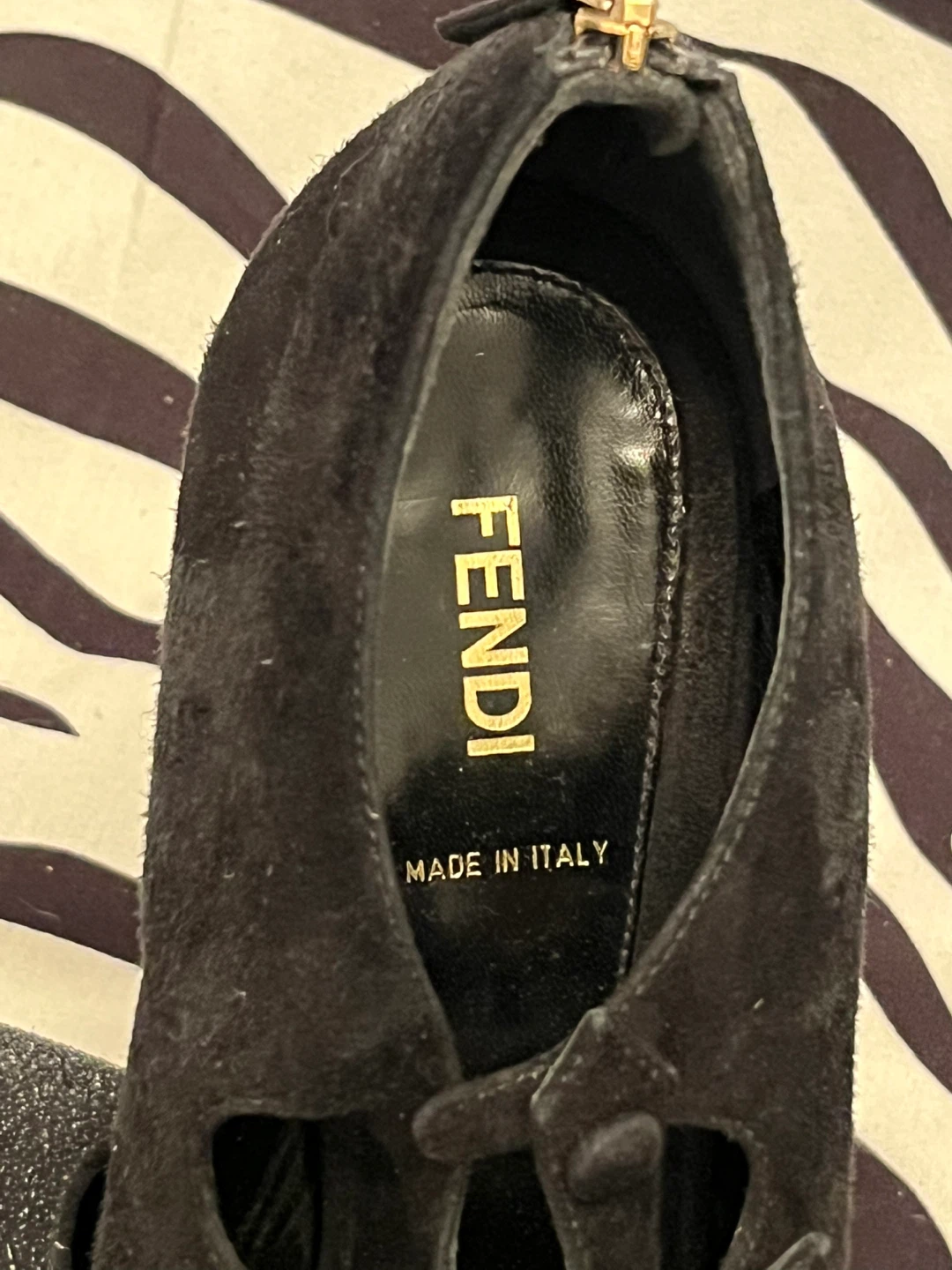 Fendi Victorian Strappy Suede Glitter Black Peep Toe Pumps - photo 3
