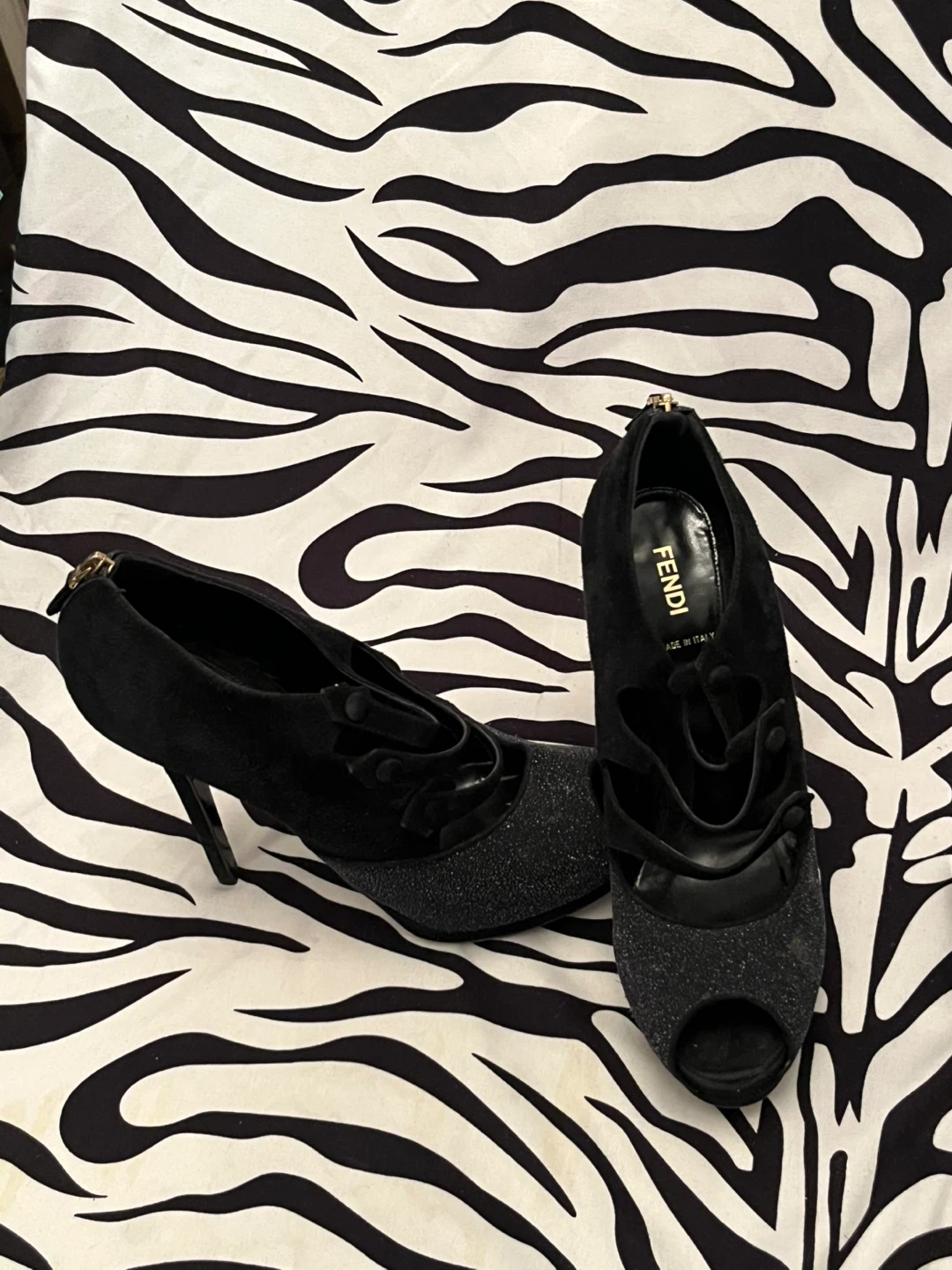 Fendi Victorian Strappy Suede Glitter Black Peep Toe Pumps