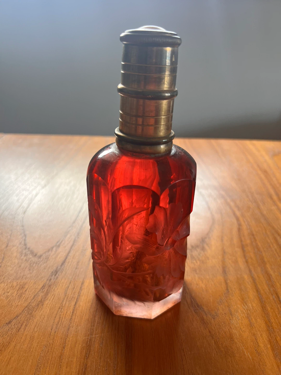 Antique Red Glass Oil Lamp with Brass Accent
