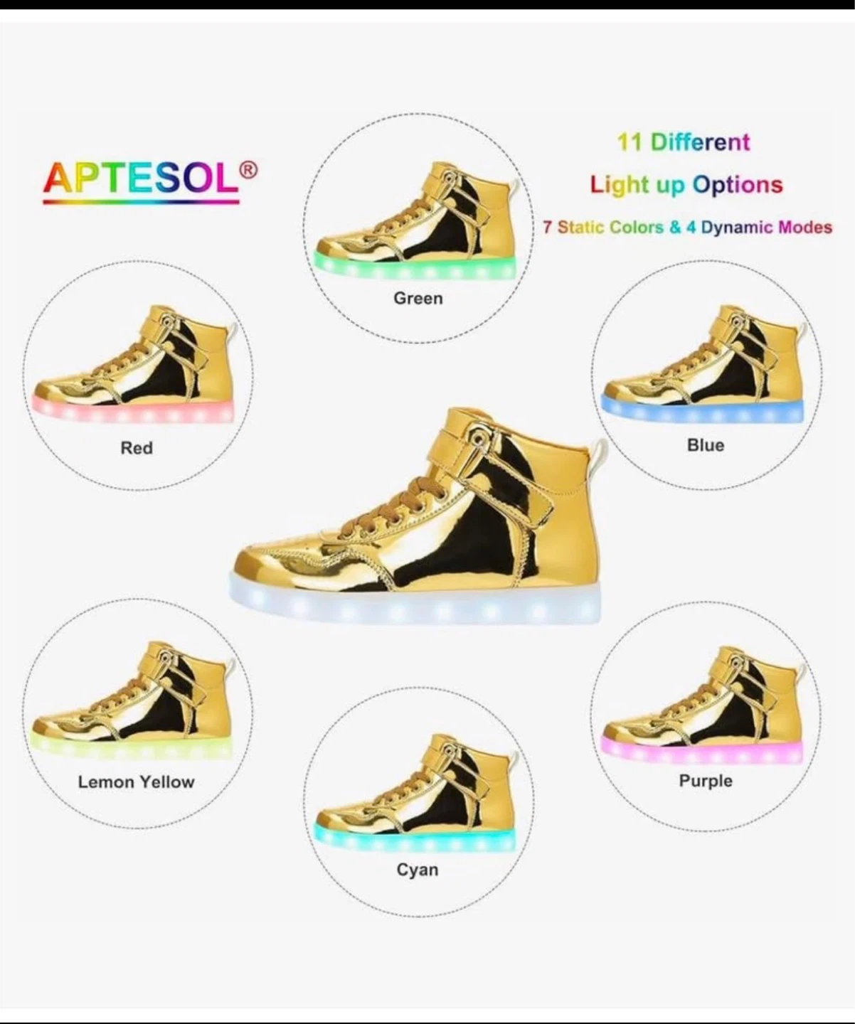 Aptesol Gold High-Top LED Sneakers Men 8 women 9.5