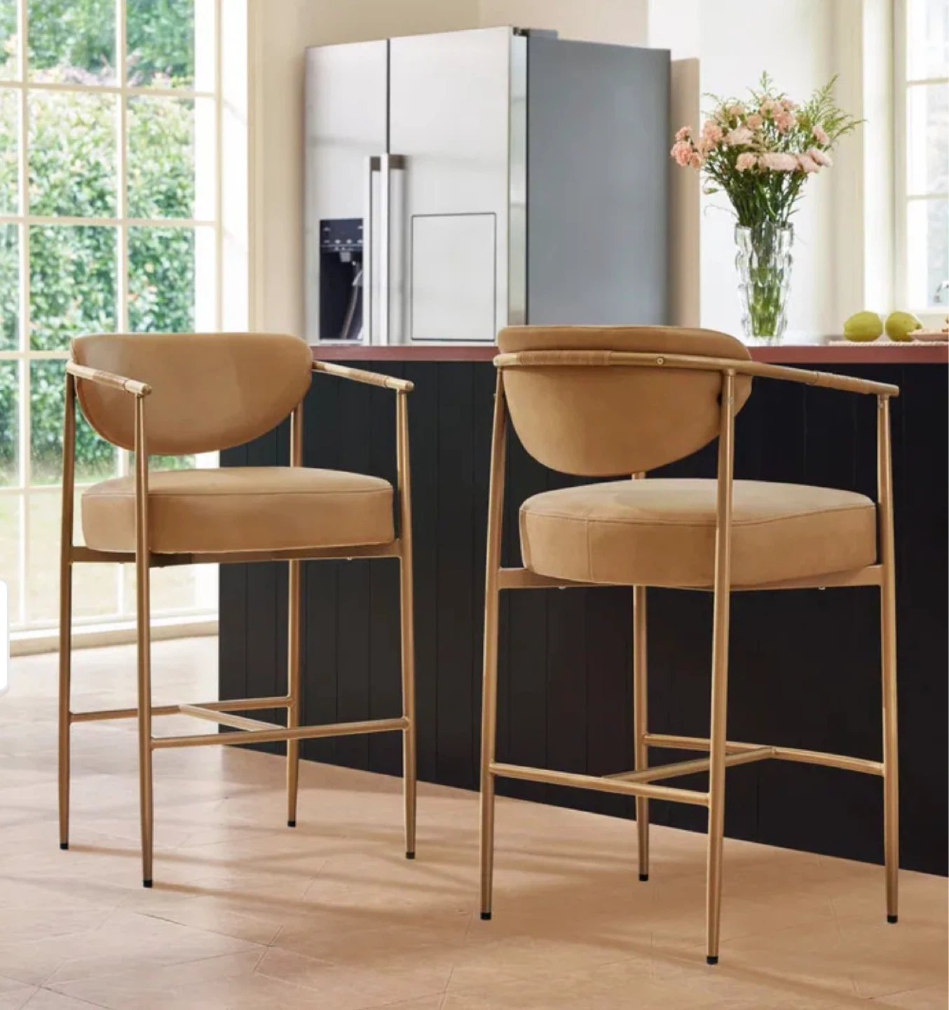 Set of 2 Tan Faux Leather Bar Stools with Gold Metal Legs - photo 4