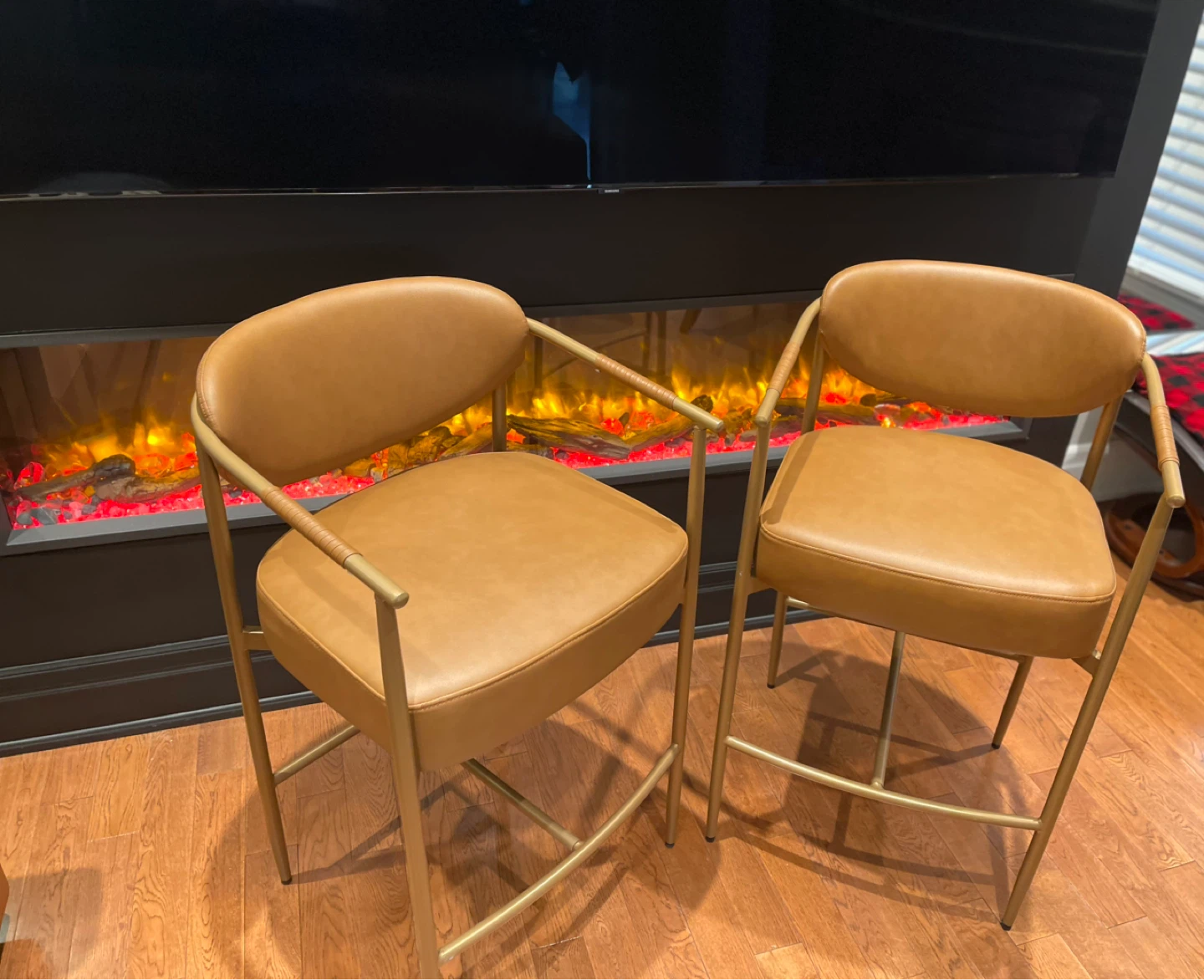 Set of 2 Tan Faux Leather Bar Stools with Gold Metal Legs