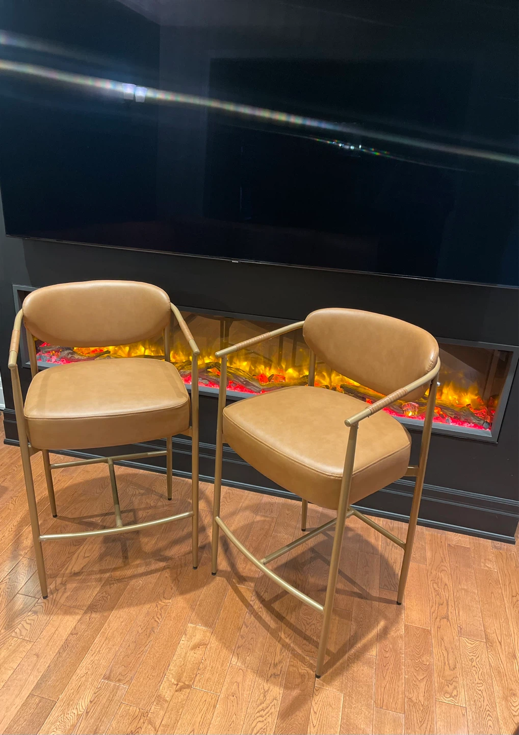 Set of 2 Tan Faux Leather Bar Stools with Gold Metal Legs - photo 2