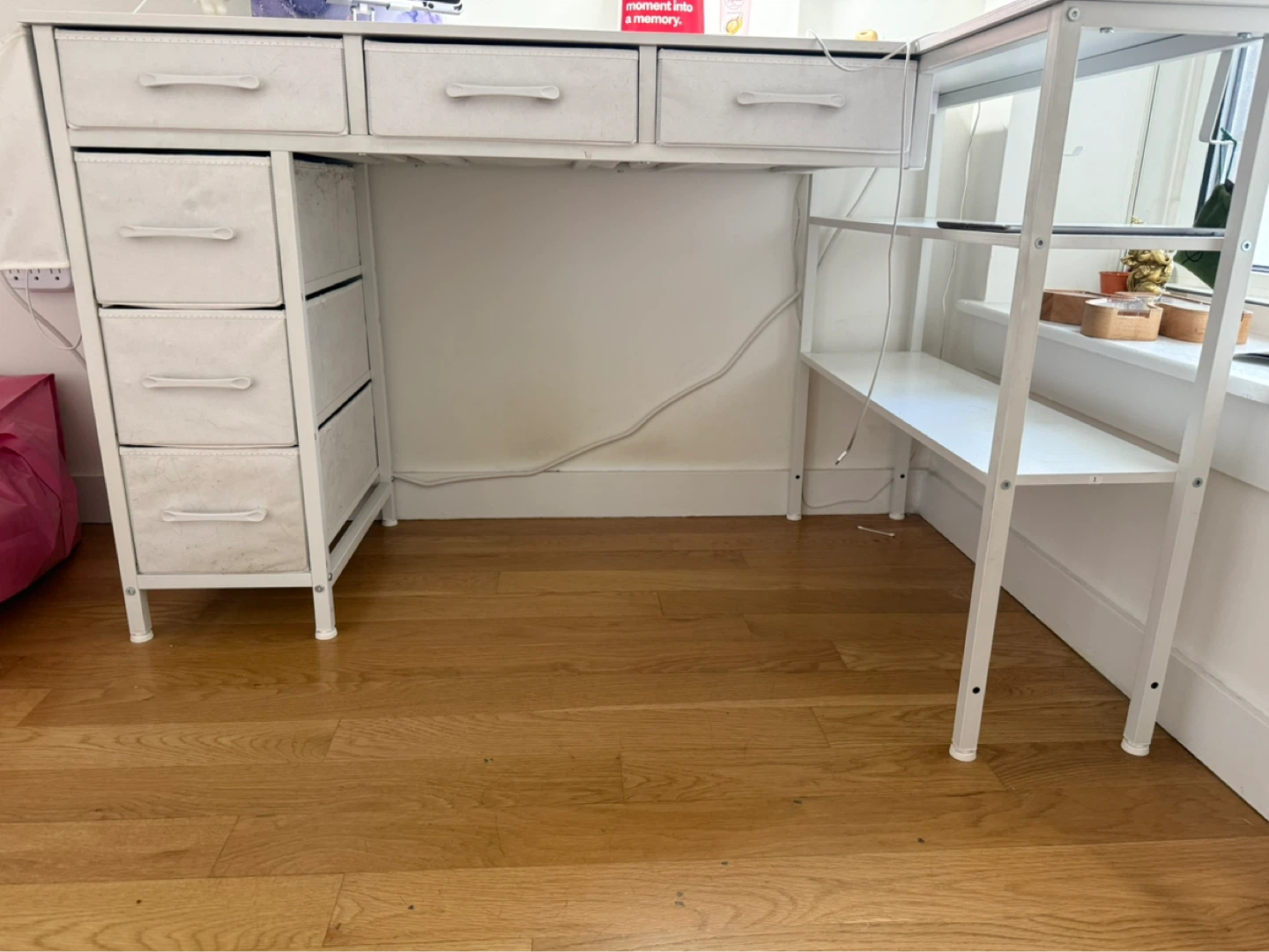 White Desk with Storage Drawers and Shelving Unit