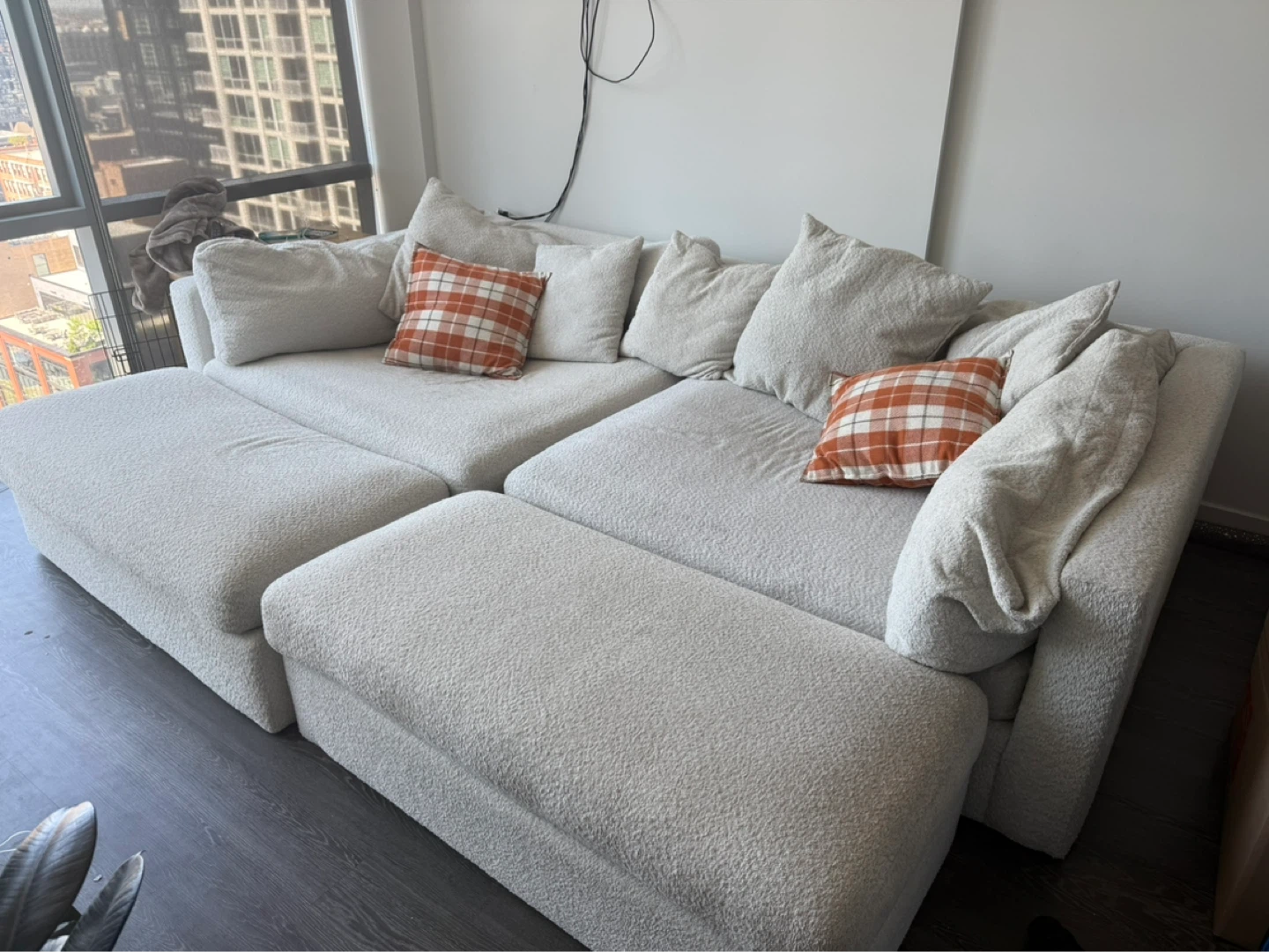 White Boucle Sectional Sofa with Ottoman