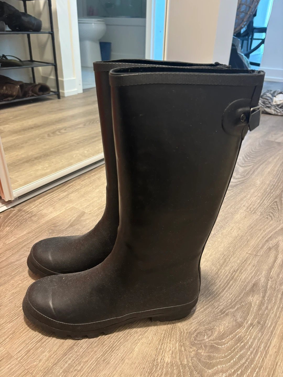 Black Tall Rain Boots with Buckle Detail