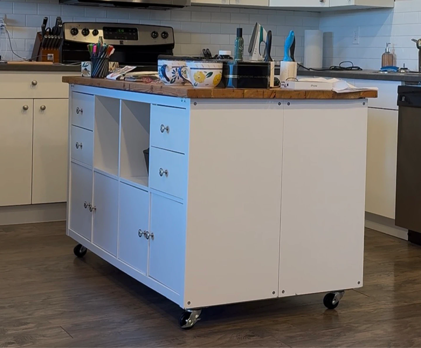 Custom Mobile Kitchen Island – Reclaimed Barn Wood Top