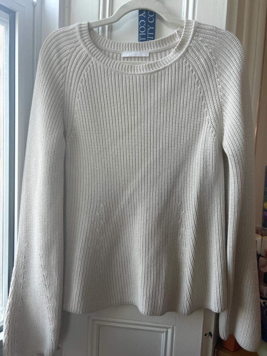 Boss Cream Ribbed Crewneck Sweater