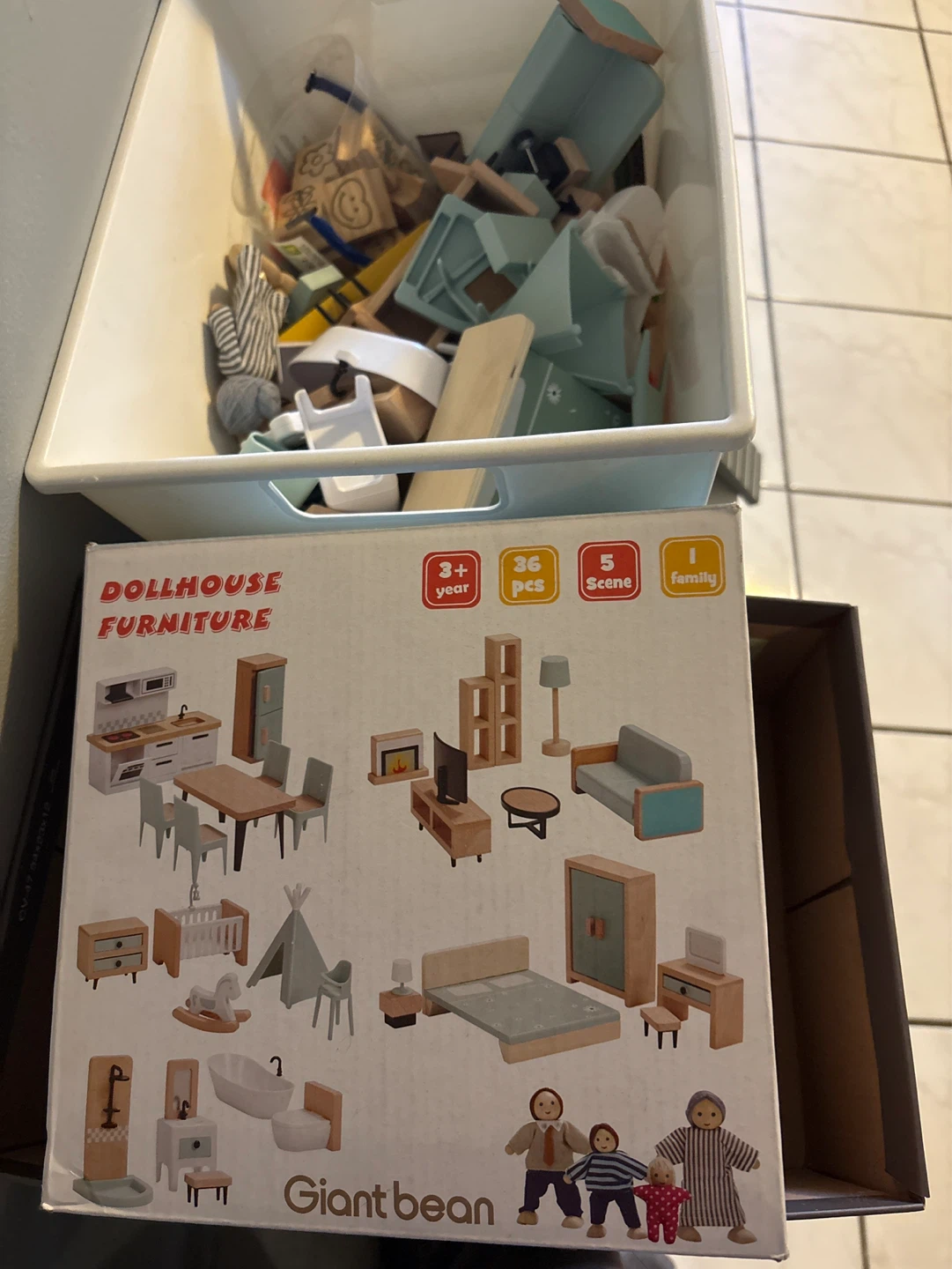 Wooden doll house and toys