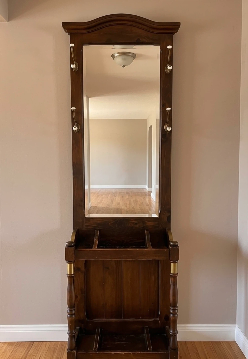 Vintage Wooden Hall Tree with Mirror and Umbrella Stand