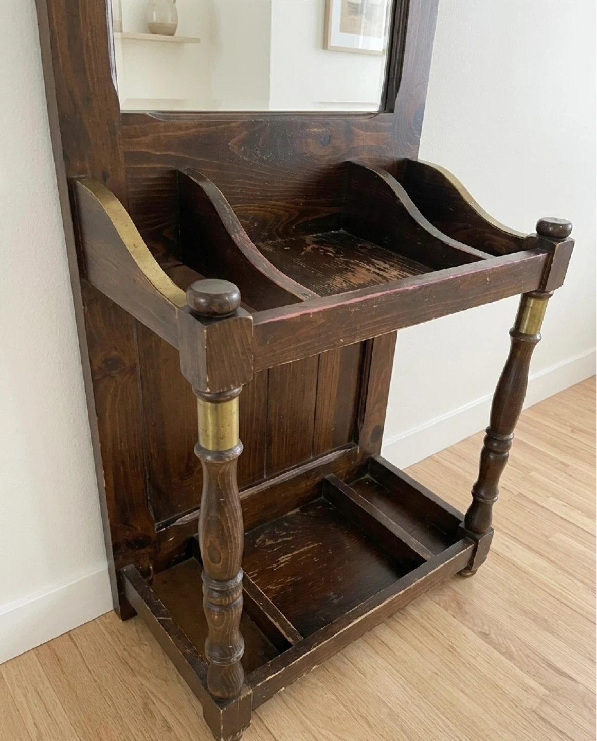 Vintage Wooden Hall Tree with Mirror and Umbrella Stand - photo 4