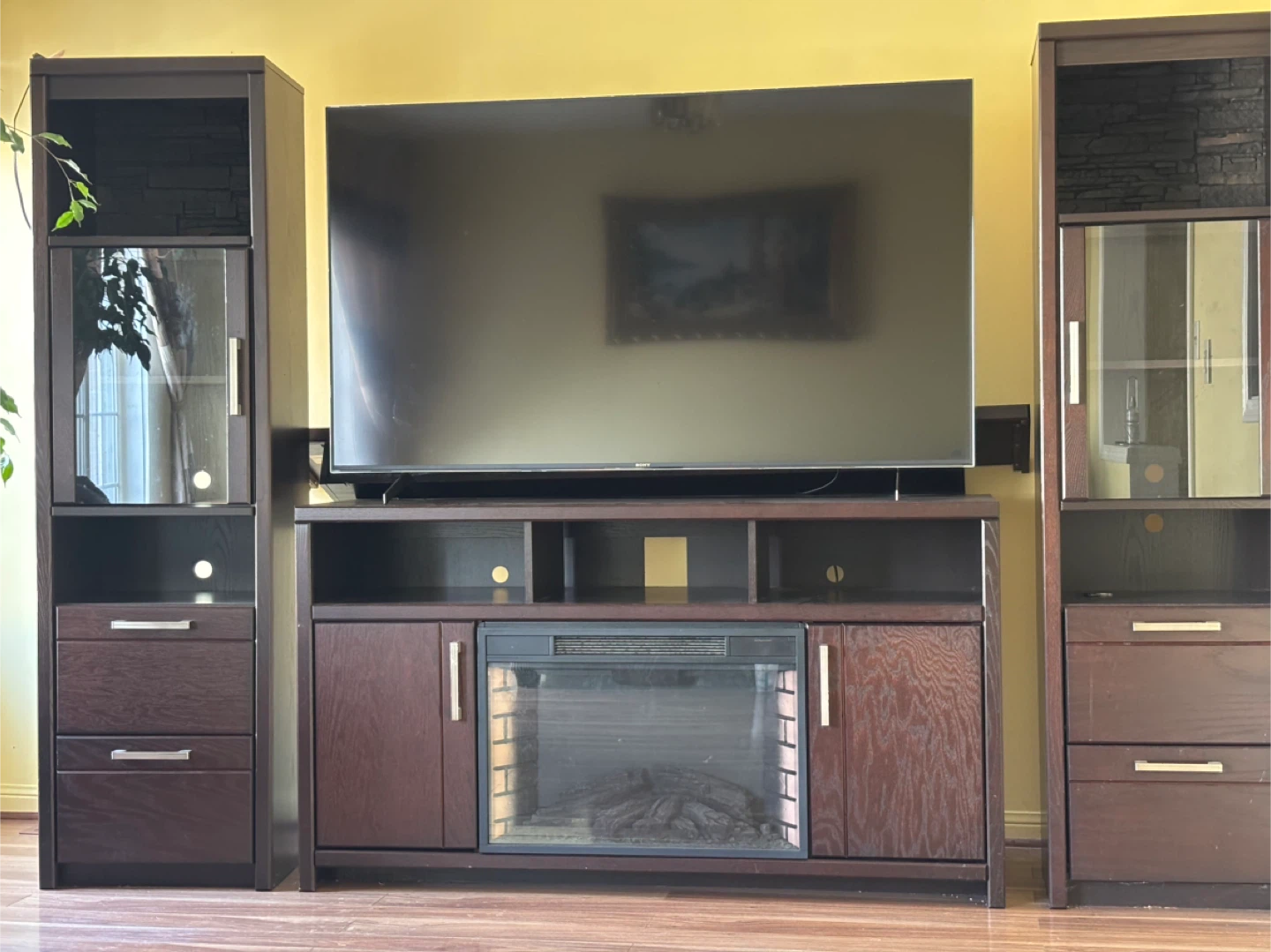 Dark Wood TV Stand with Electric Fireplace and Side Towers