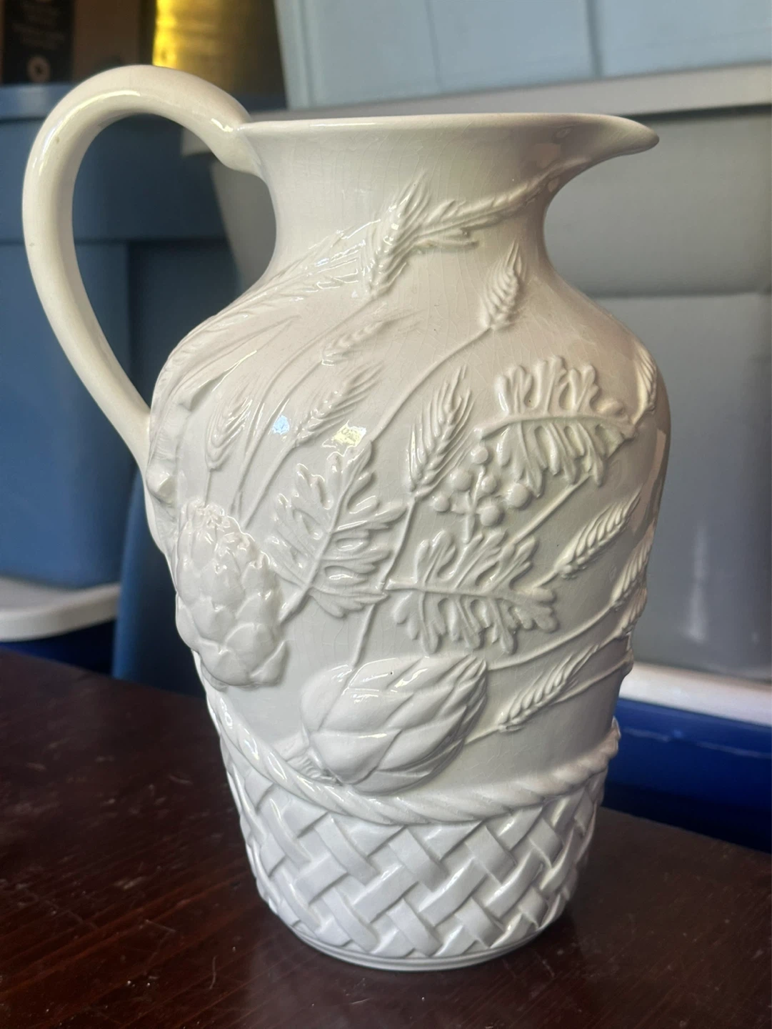 Williams Sonoma Italy Embossed Pitcher Wheat Farmhouse Ceramic