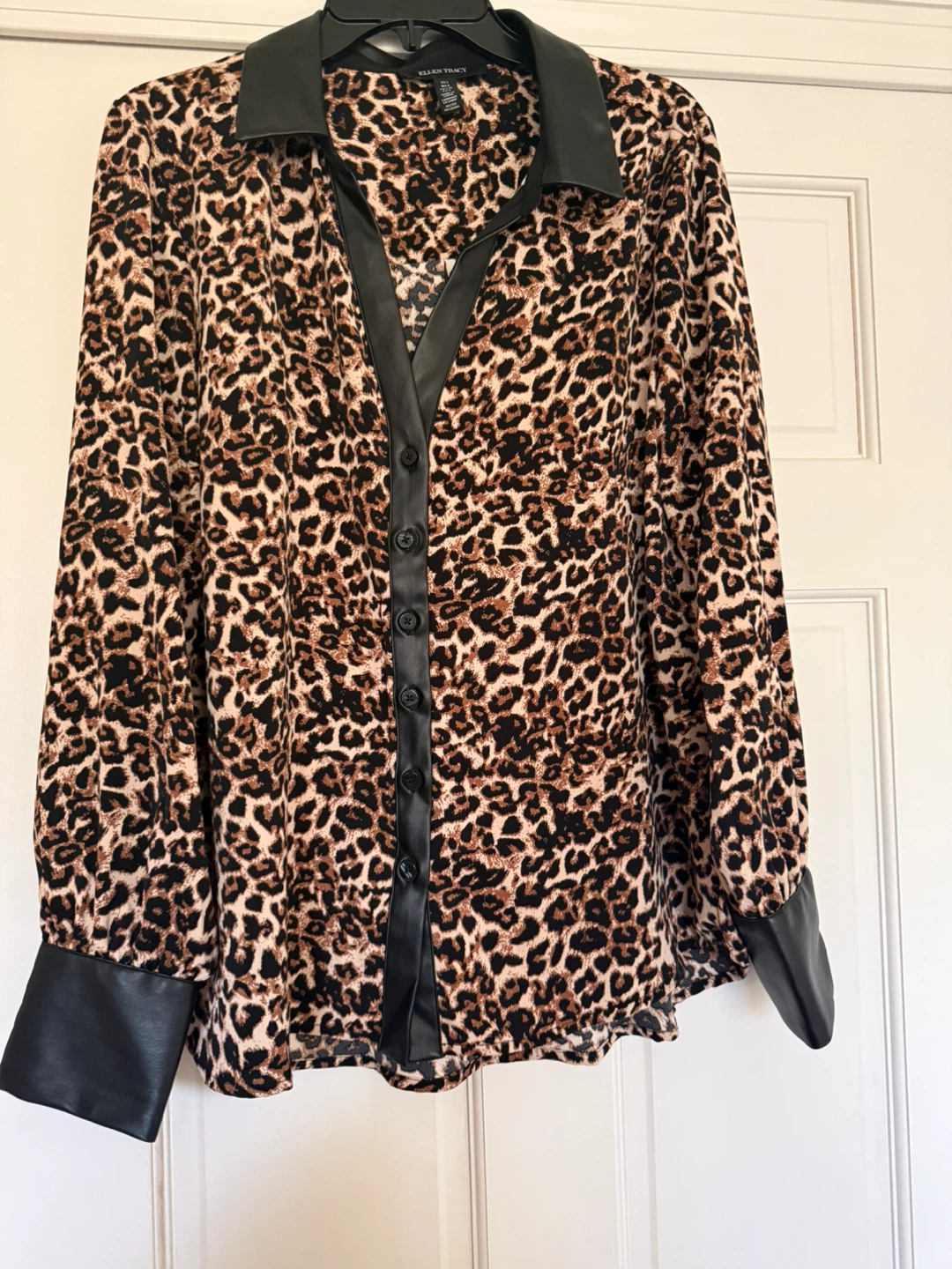 Ellen Tracy Leopard Print Blouse with Faux Leather Trim