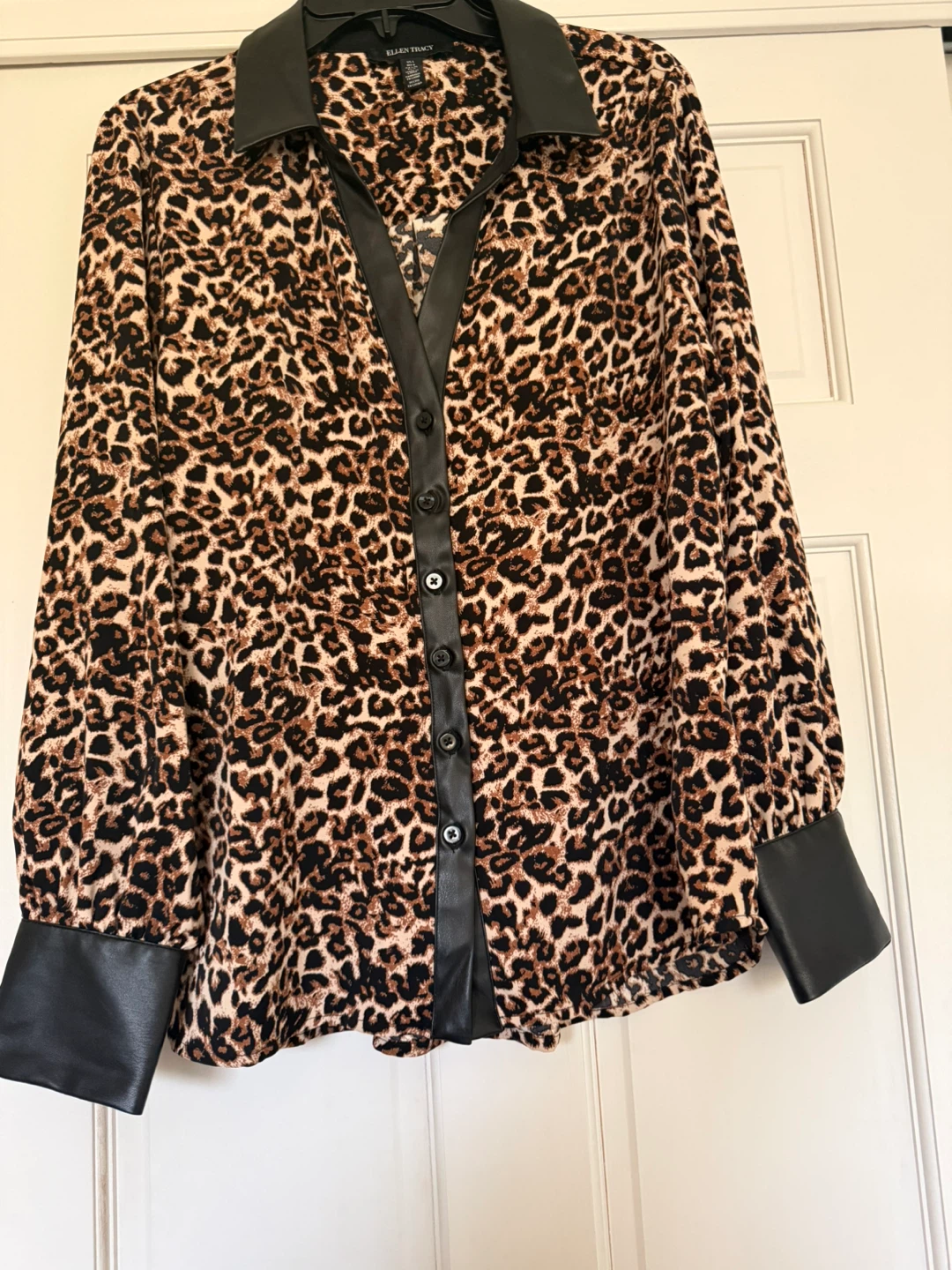 Ellen Tracy Leopard Print Blouse with Faux Leather Trim - photo 5