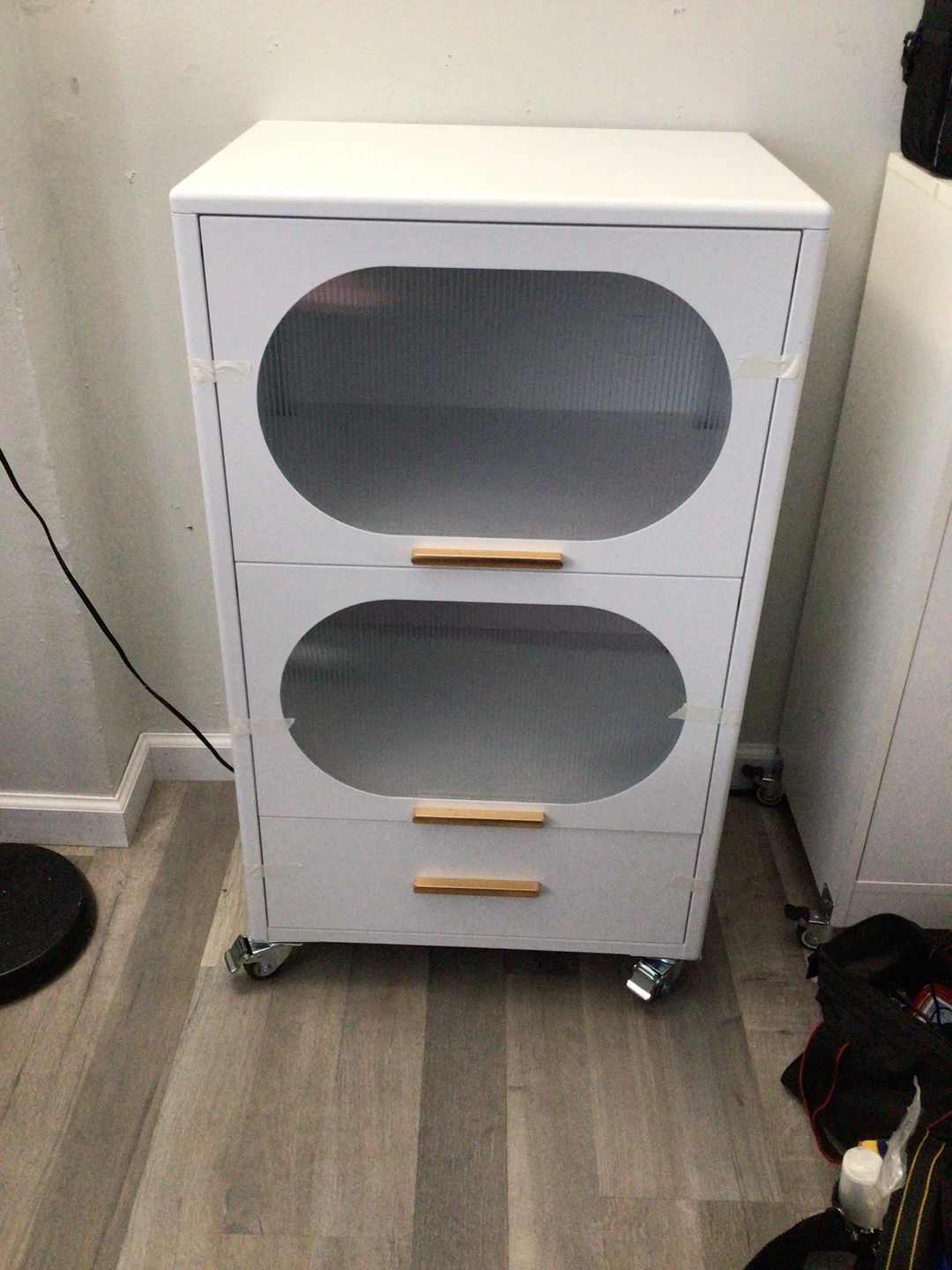White Storage Cabinet with Wheels