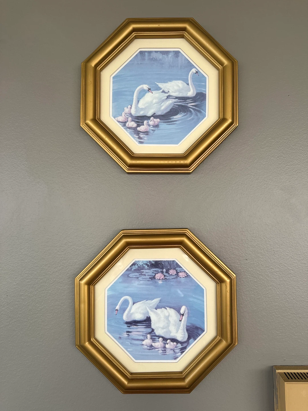 Set of 2 Octagon Swan Pictures in Gold Frames