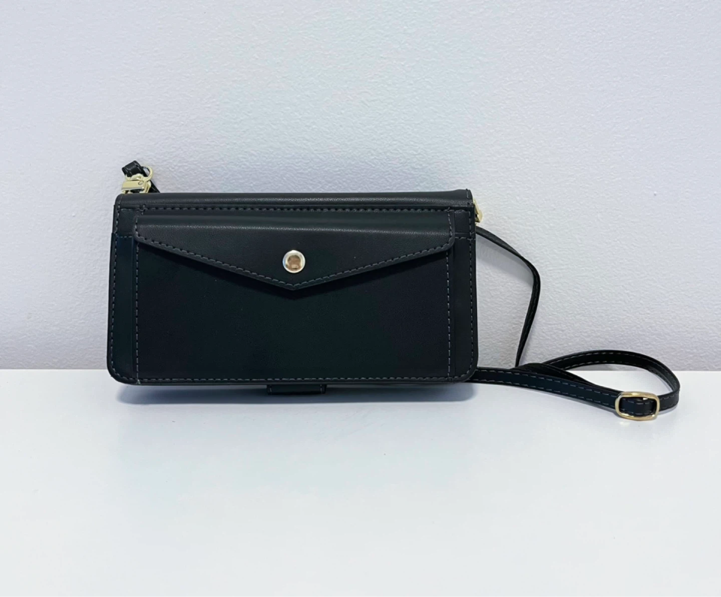 Black Faux Leather Wallet Phone Case with Strap