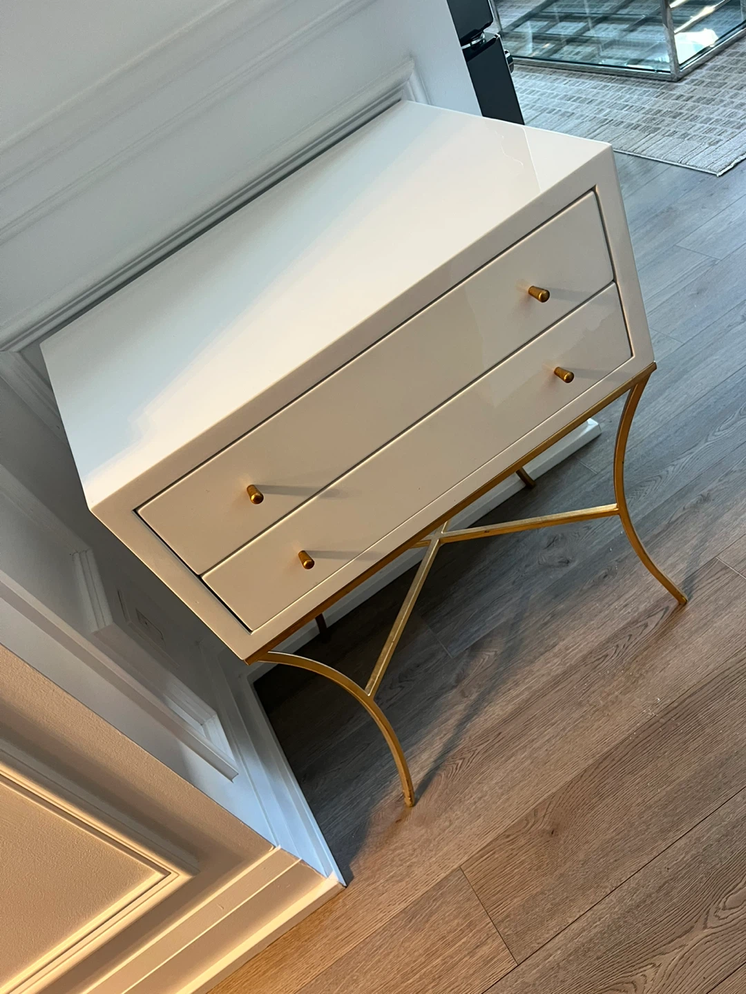 White Lacquer Nightstand with Gold Base - photo 2