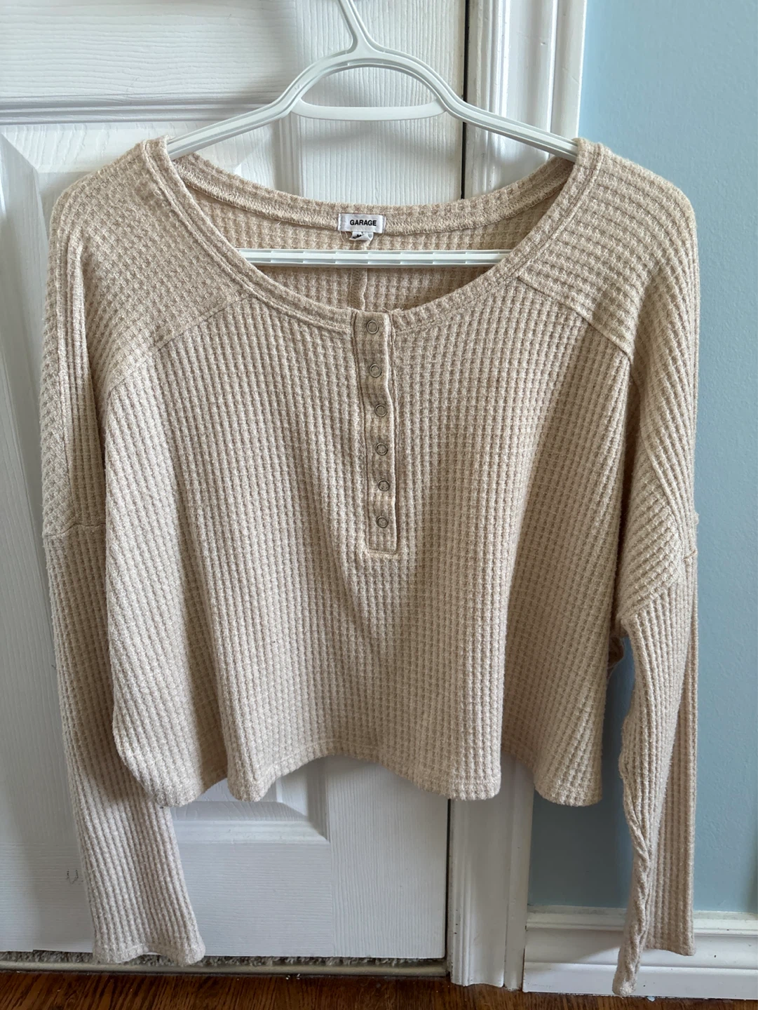 Garage Beige Waffle Knit Henley Long Sleeve Top
