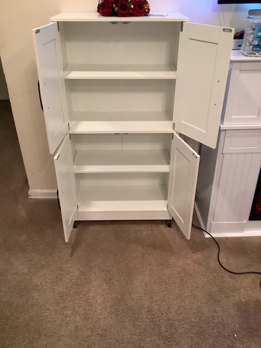 White wooden Storage Cabinet with Doors and Shelves on Wheels - photo 2