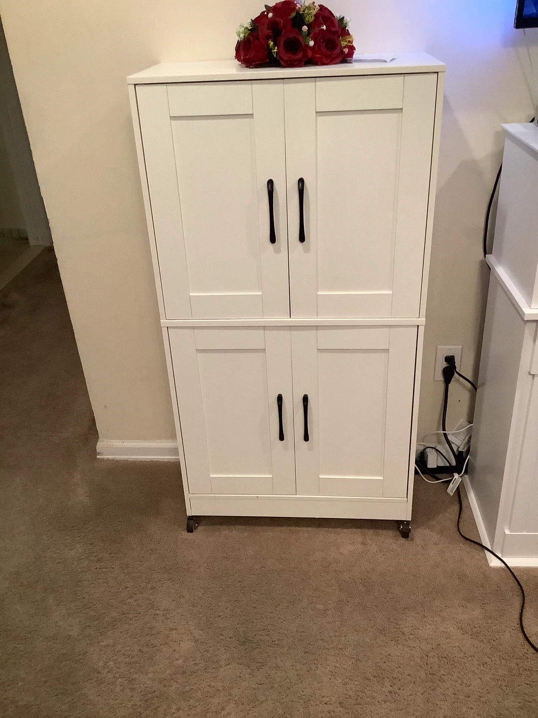 White wooden Storage Cabinet with Doors and Shelves on Wheels