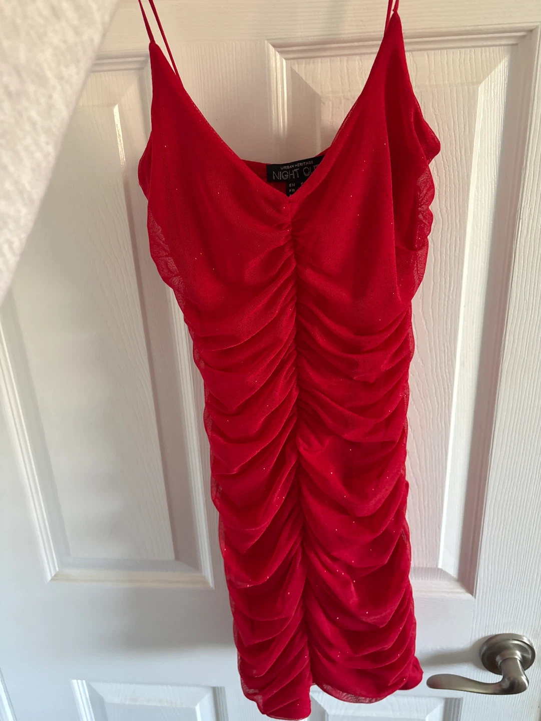 NIGHT OUT Red Ruched Sparkle Mini Dress