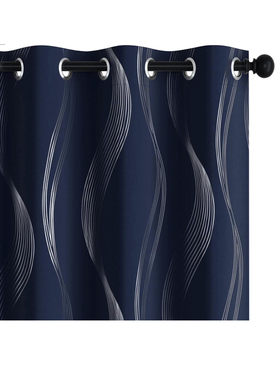 Navy Blue Blackout Curtains with Silver Wave Pattern
