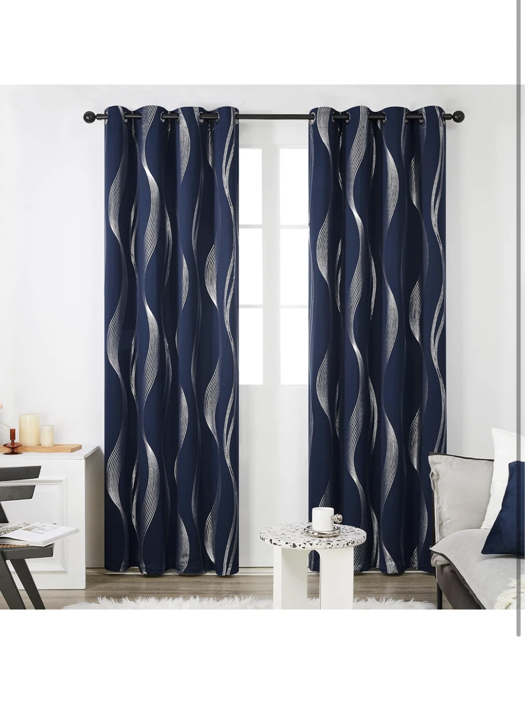 Navy Blue Blackout Curtains with Silver Wave Pattern - photo 2