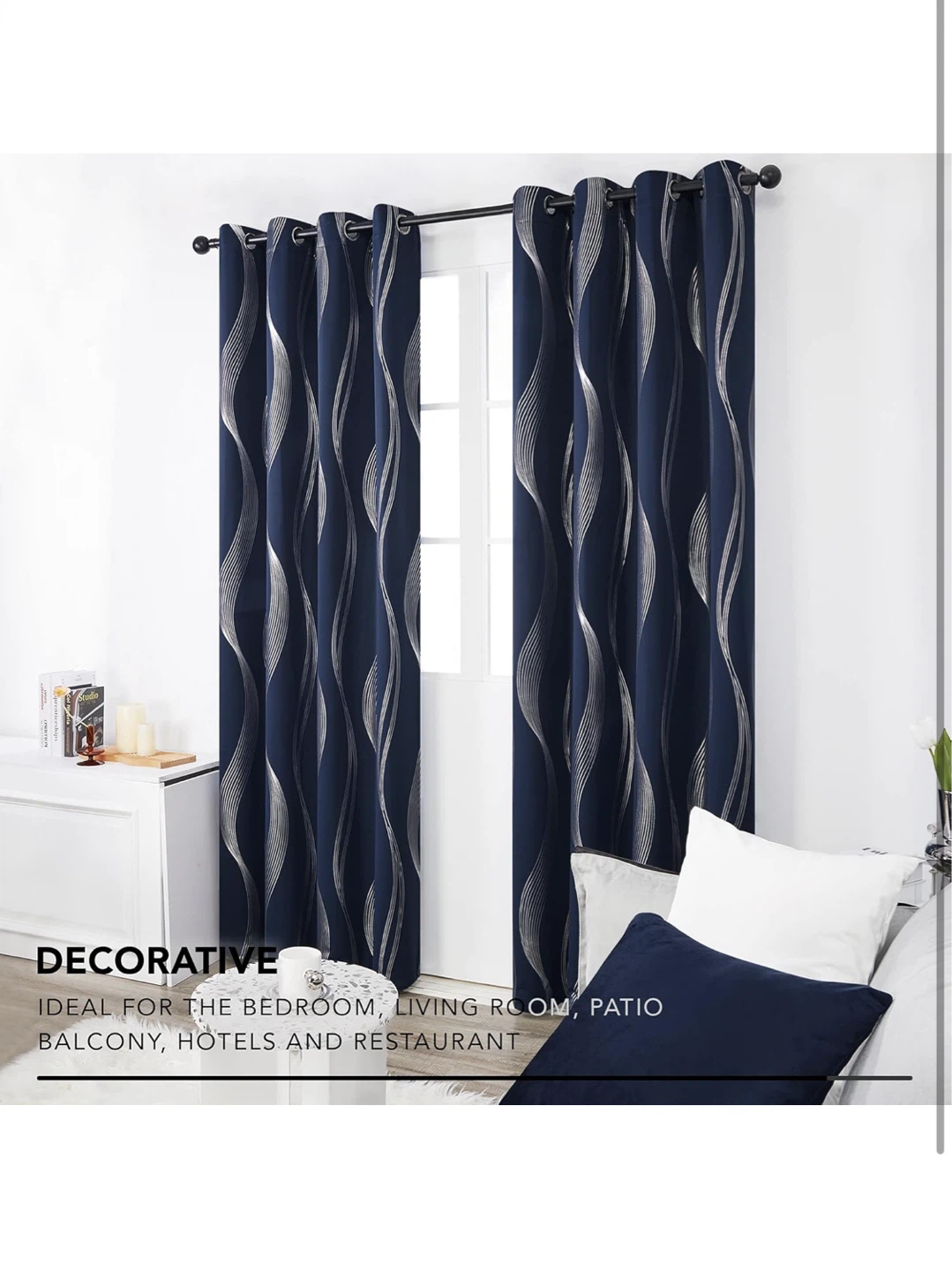 Navy Blue Blackout Curtains with Silver Wave Pattern - photo 4