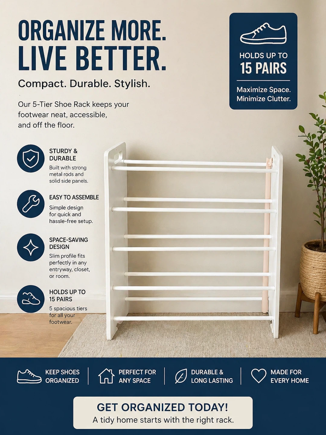 5-Tier Shoe Rack - Holds up to 15 Pairs