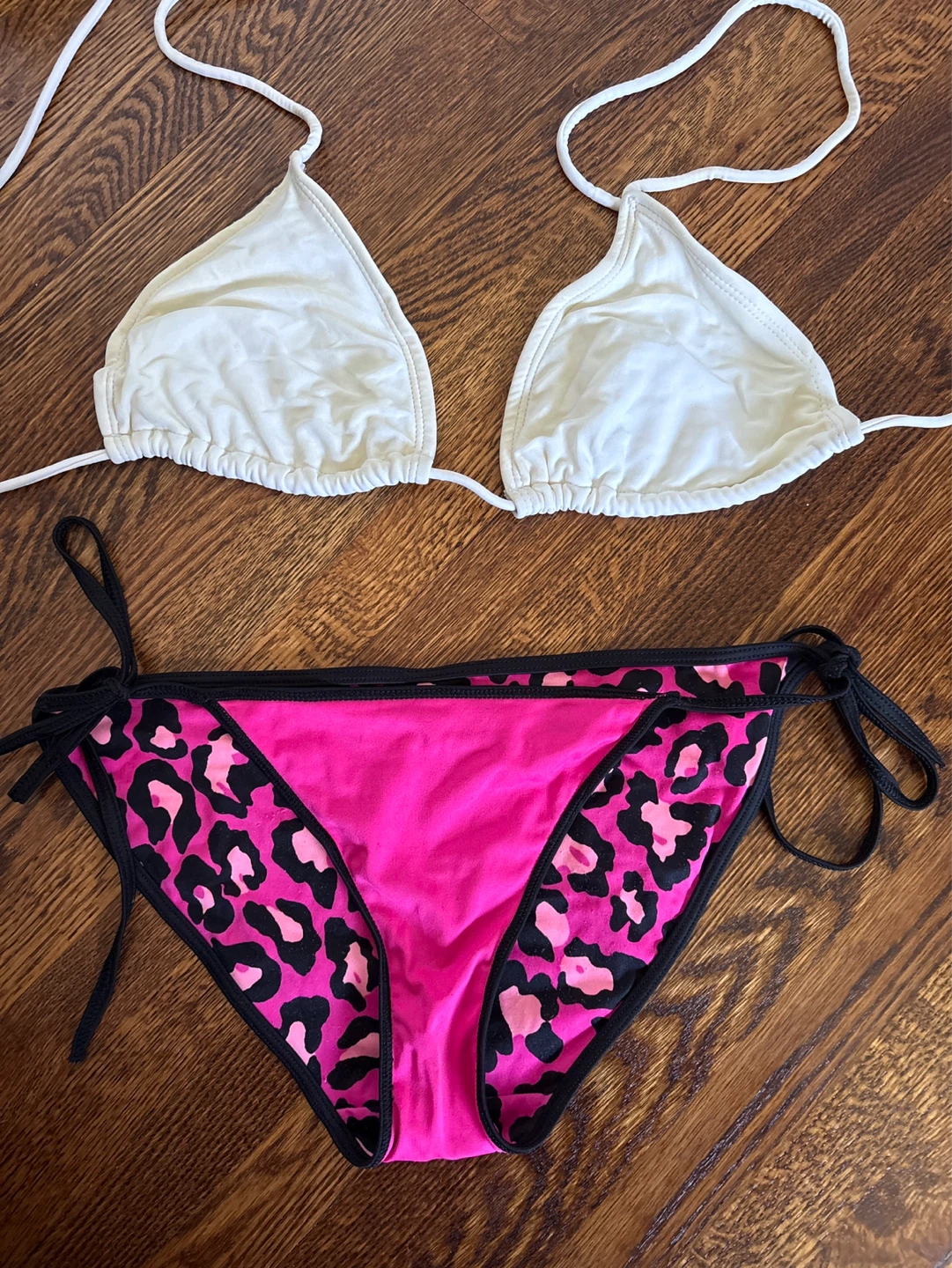 White Bikini Top and Reversible Pink Leopard Print Bottoms