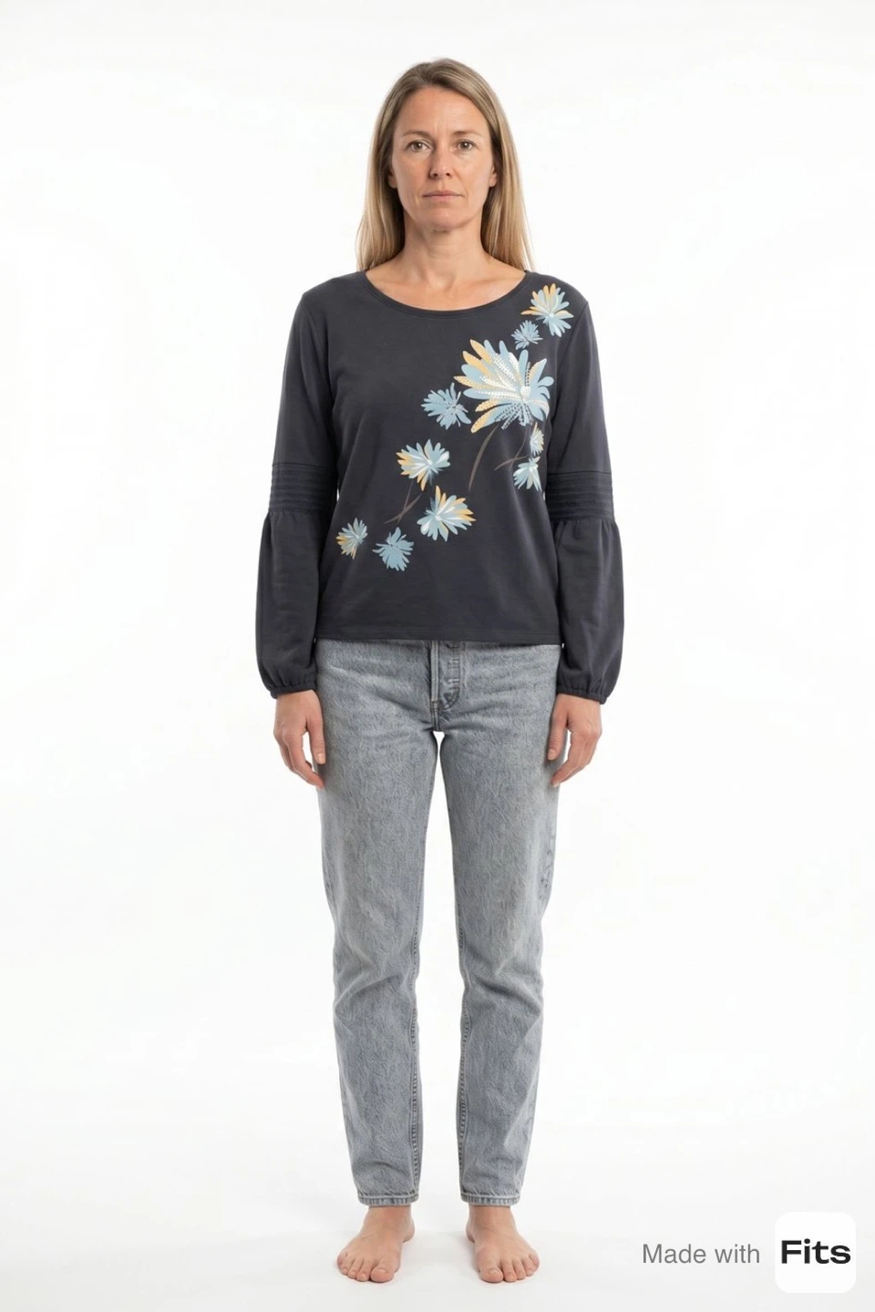 Le Comte Blue Top with Floral Embellishments