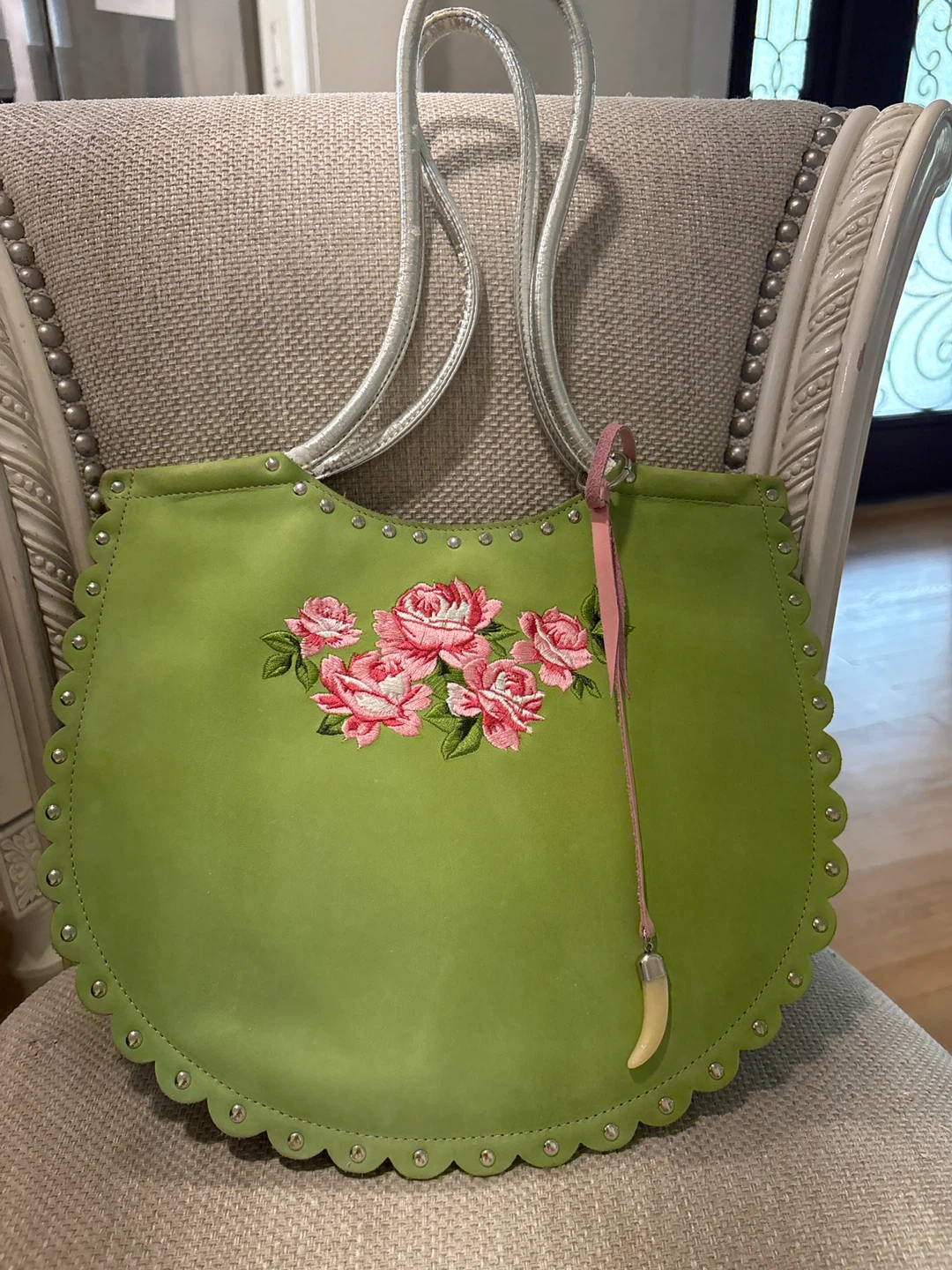 Verdine Lime Green Suede Handbag with Pink Roses Embroidery