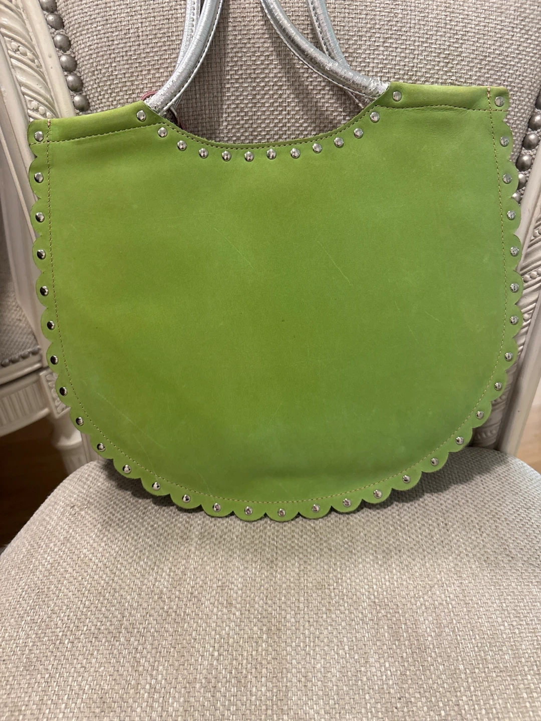 Verdine Lime Green Suede Handbag with Pink Roses Embroidery - photo 2