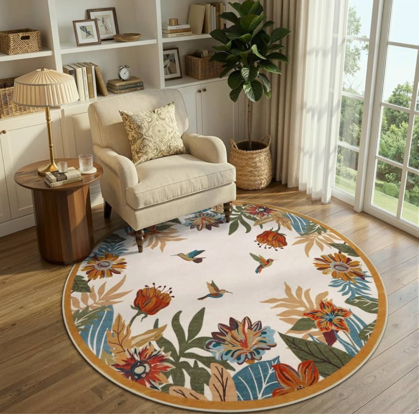 Round Floral & Bird Area Rug 4ft Washable Circular
