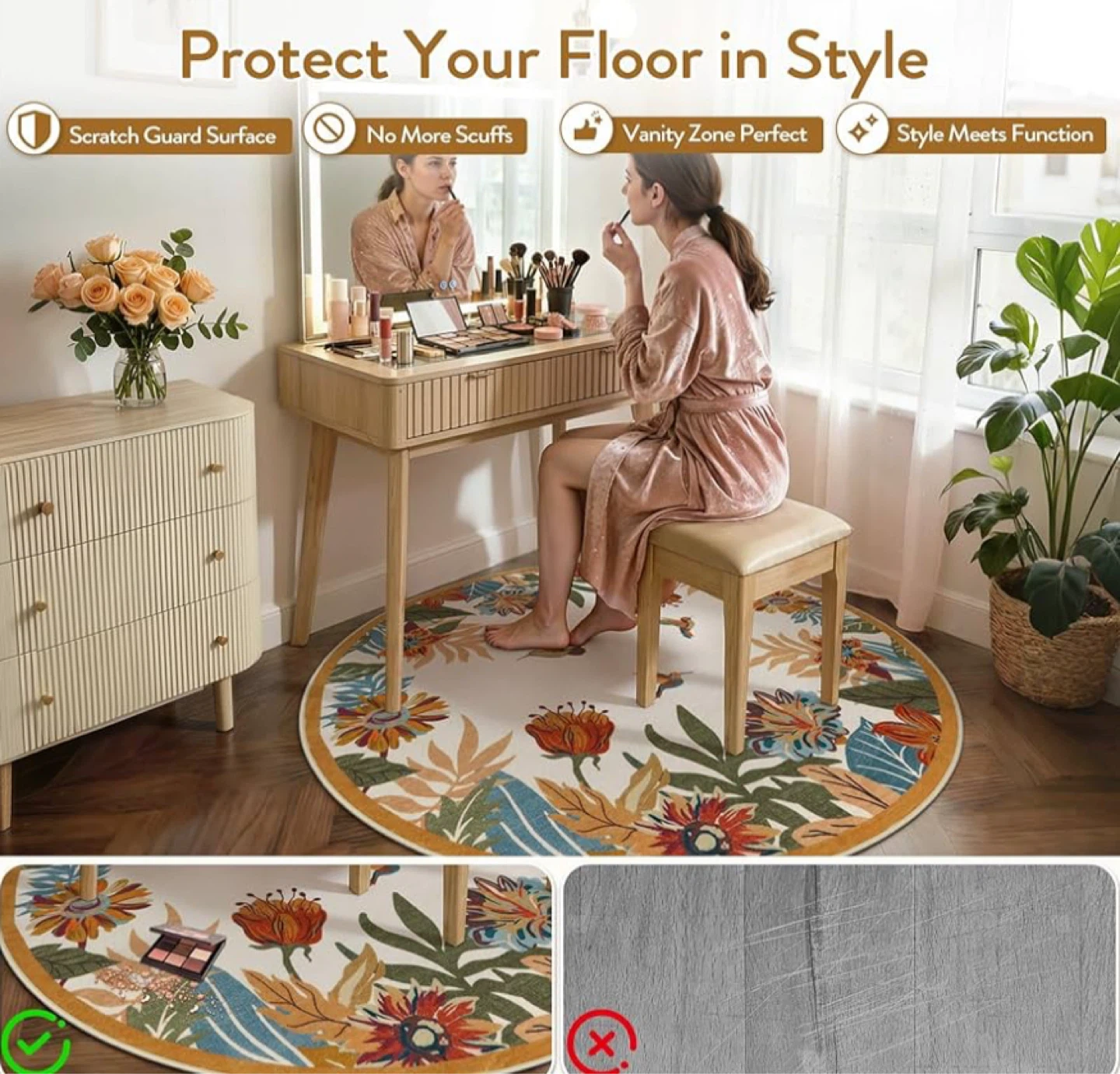 Round Floral & Bird Area Rug 4ft Washable Circular - photo 5