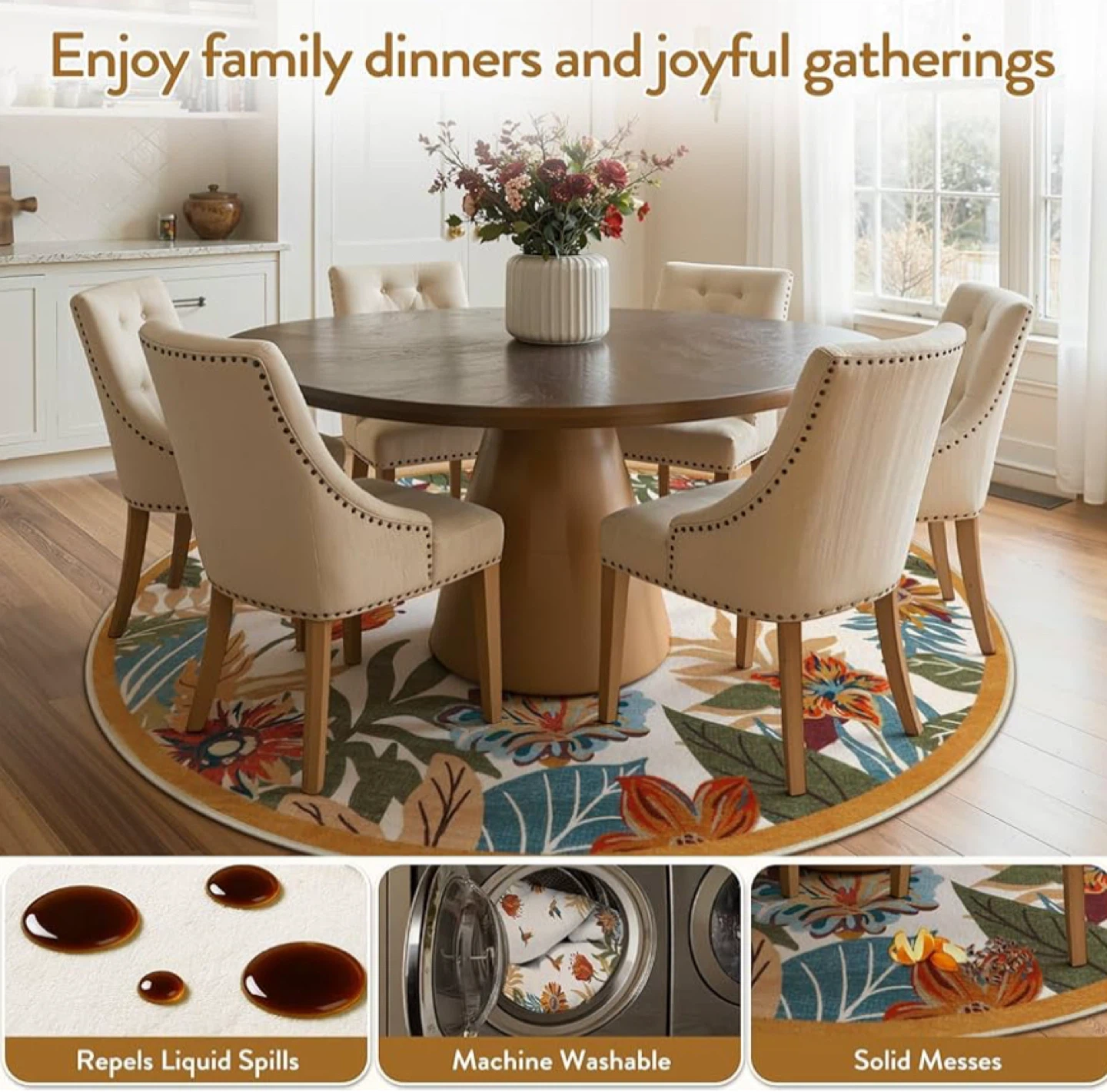 Round Floral & Bird Area Rug 4ft Washable Circular - photo 4