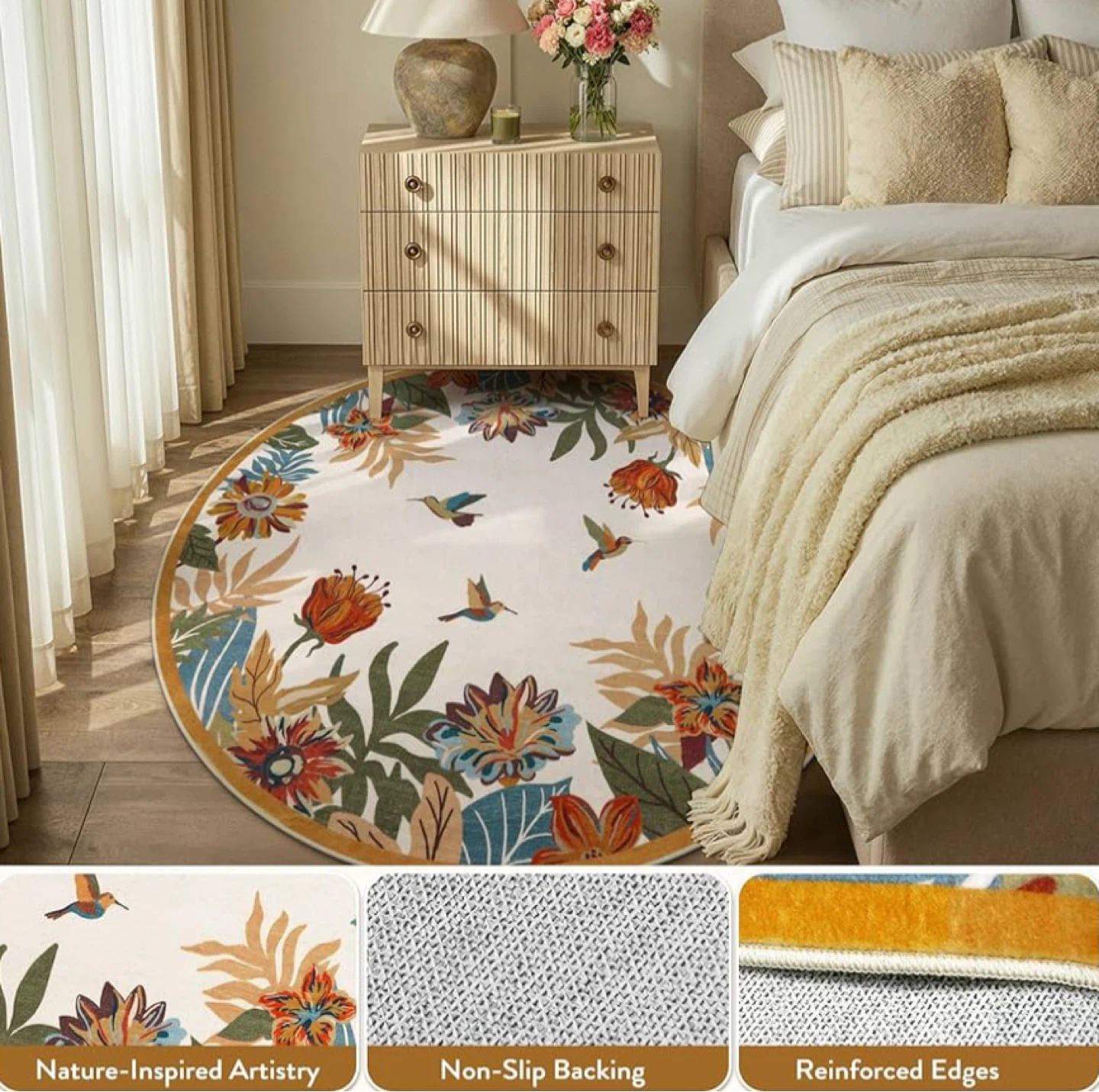 Round Floral & Bird Area Rug 4ft Washable Circular - photo 3