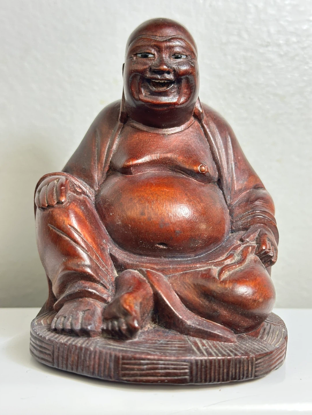Vintage hand carved sitting laughing Buddha carving