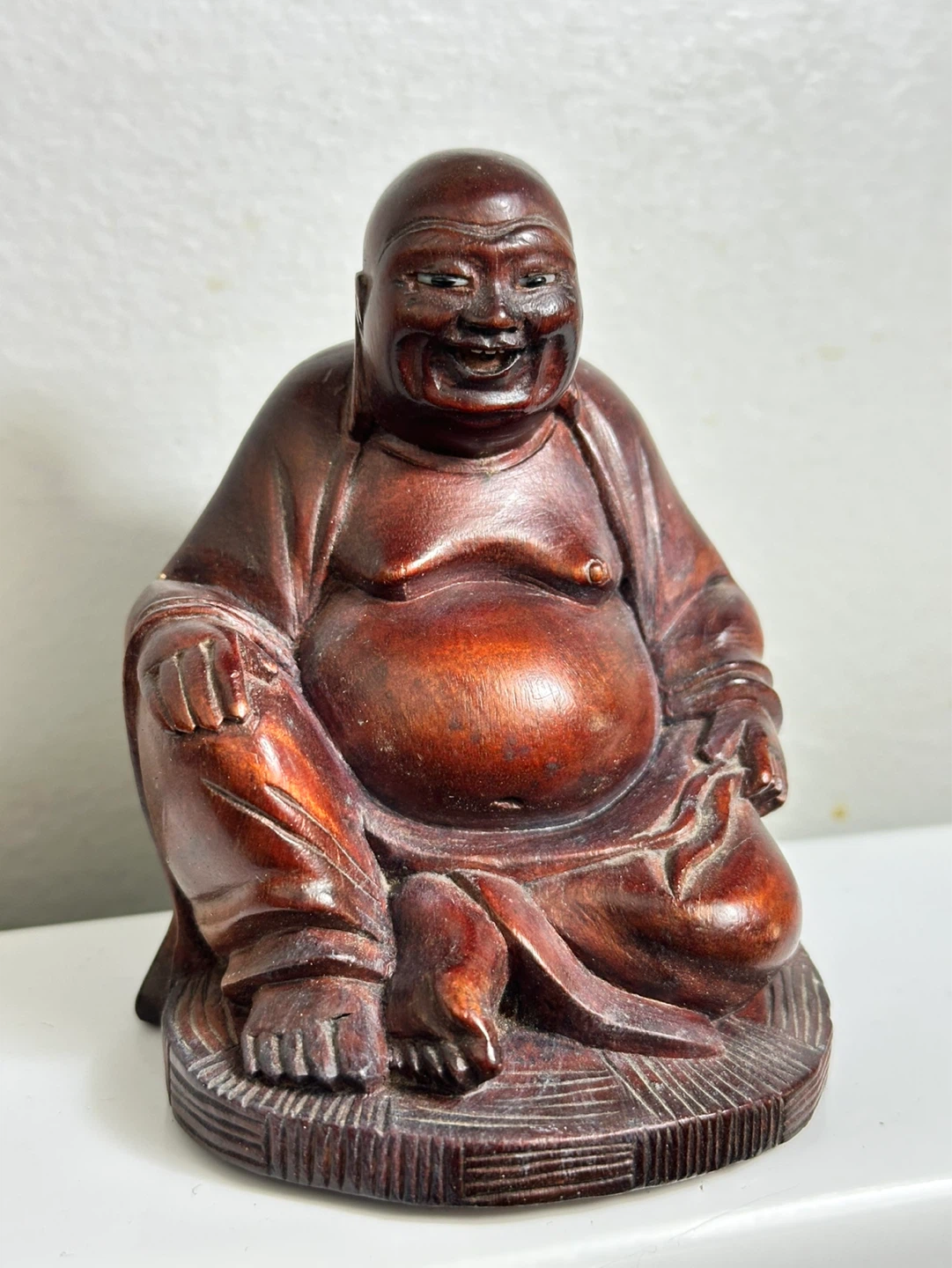 Vintage hand carved sitting laughing Buddha carving - photo 2